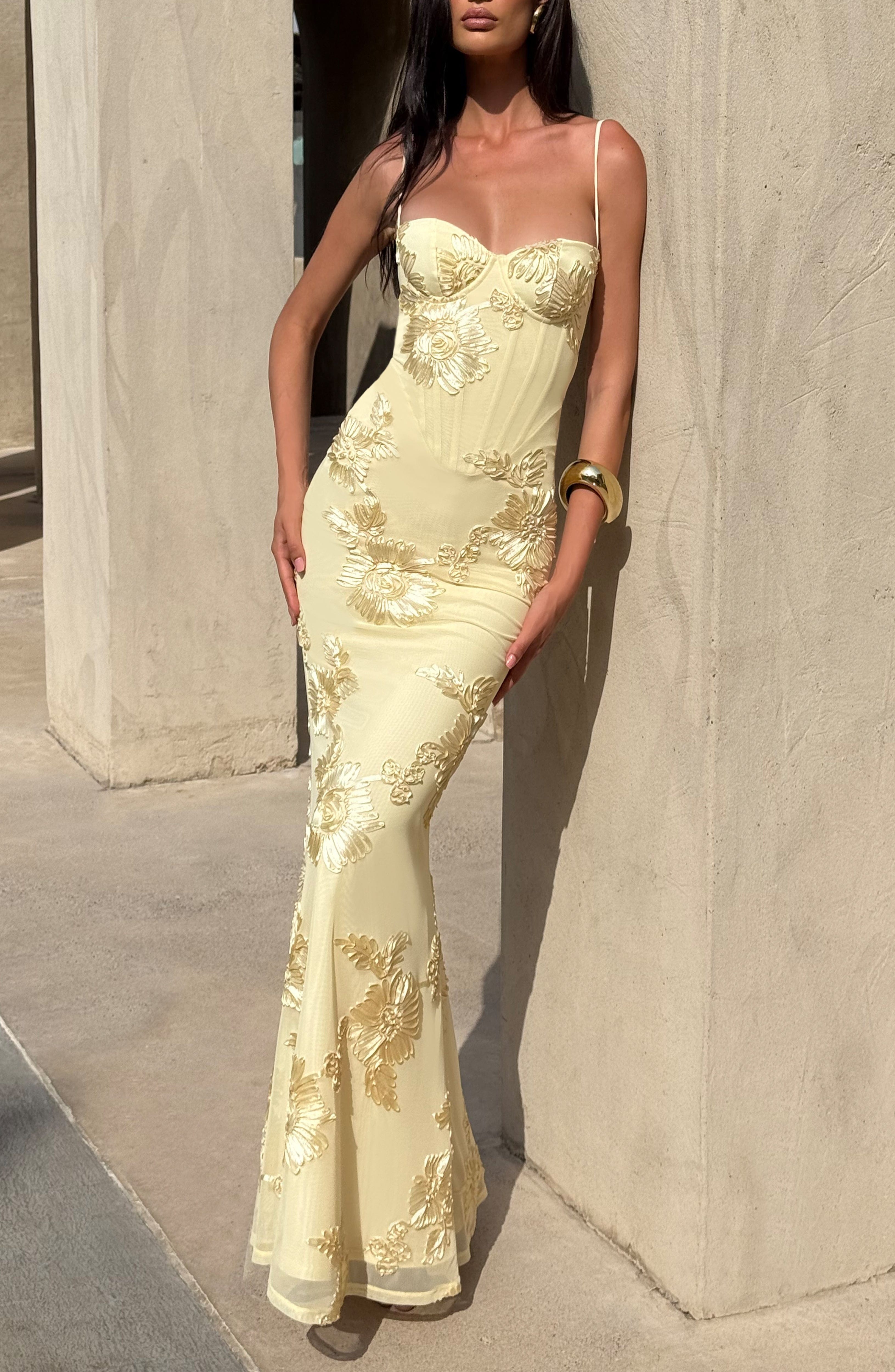 Lemon Floral AppliquÃ© Maxi Dress with Corset & Lace-Up Back - Image 5