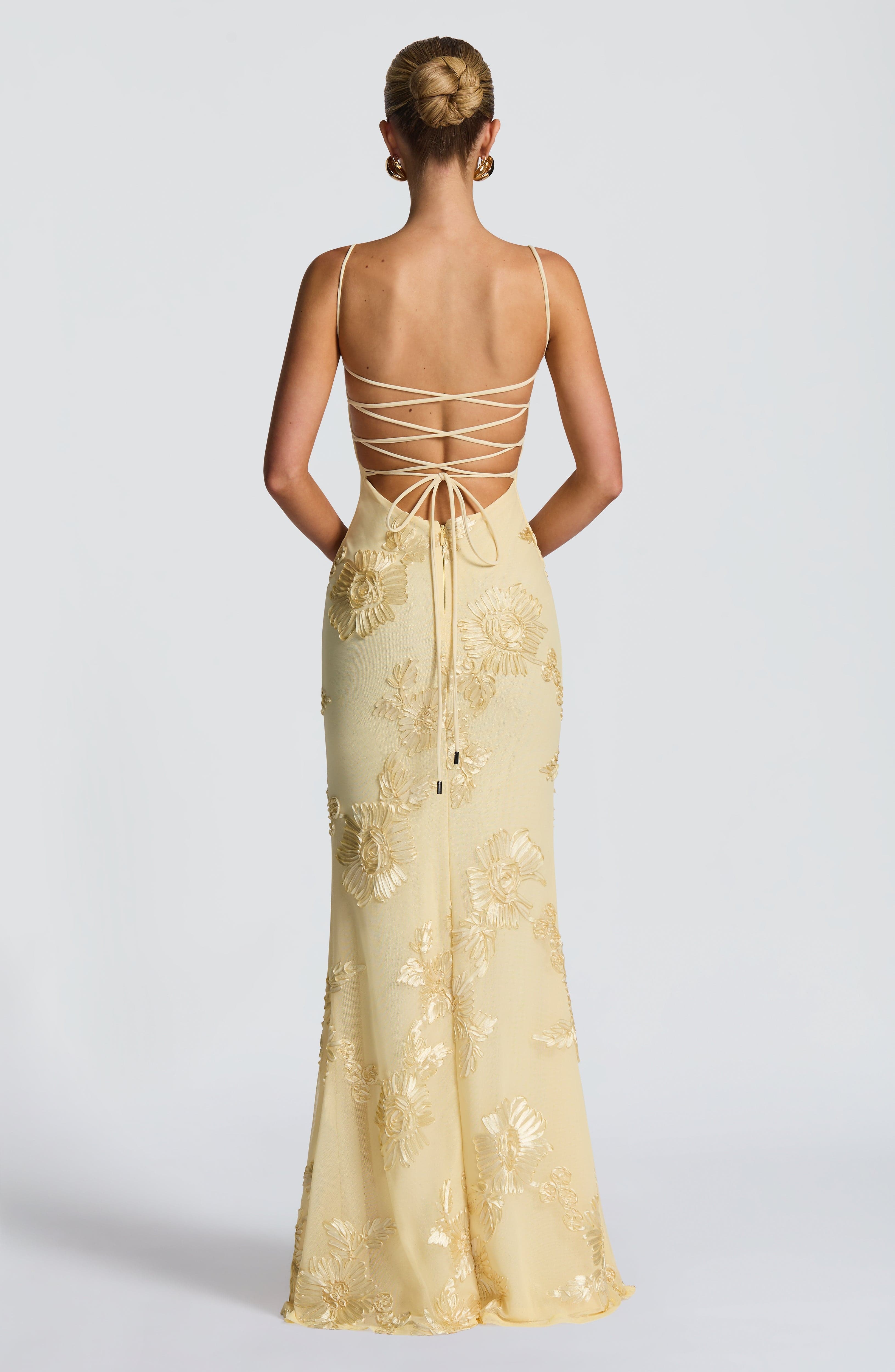 Lemon Floral AppliquÃ© Maxi Dress with Corset & Lace-Up Back - Image 2