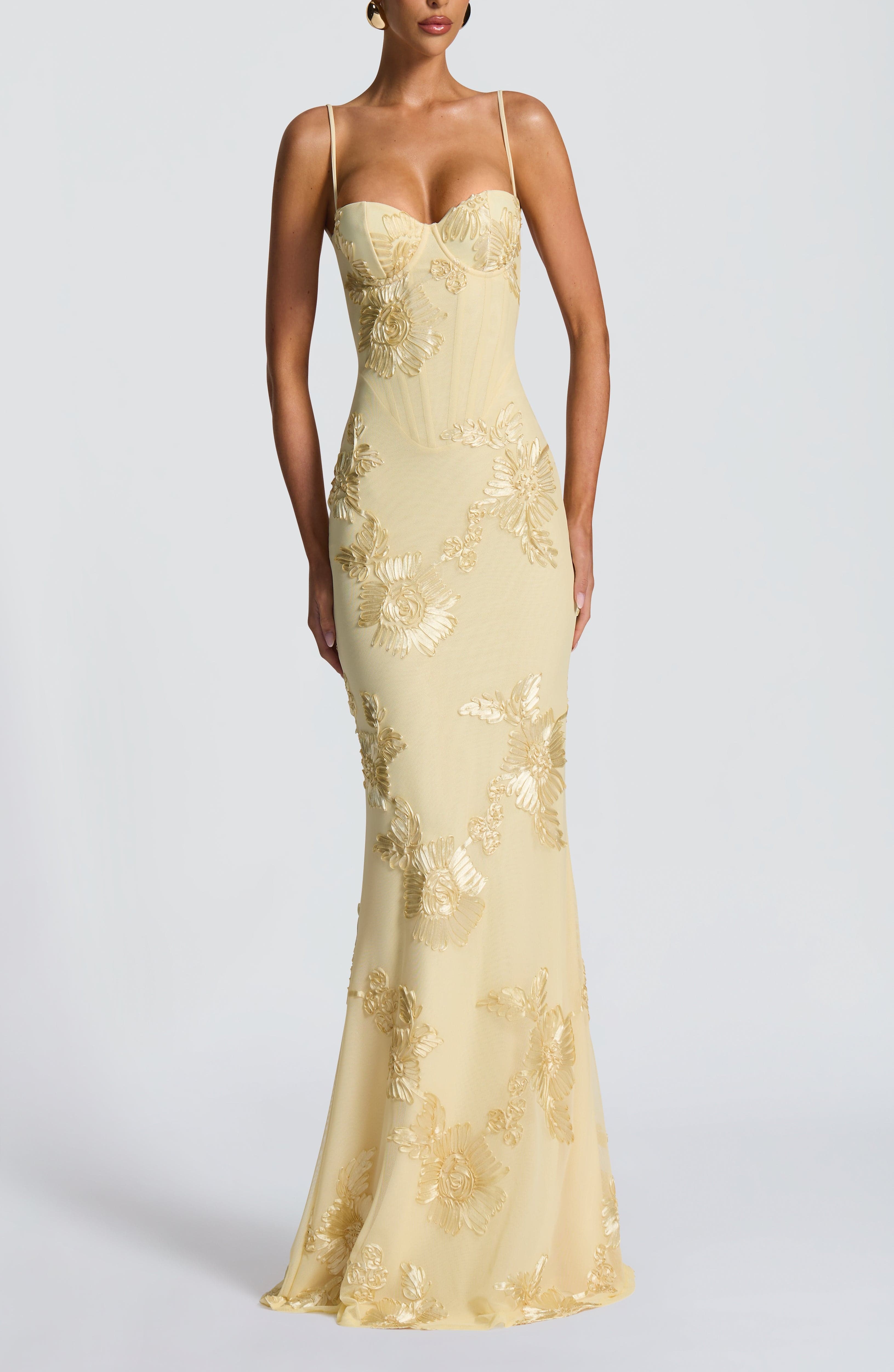 Lemon Floral AppliquÃ© Maxi Dress with Corset & Lace-Up Back - Image 3