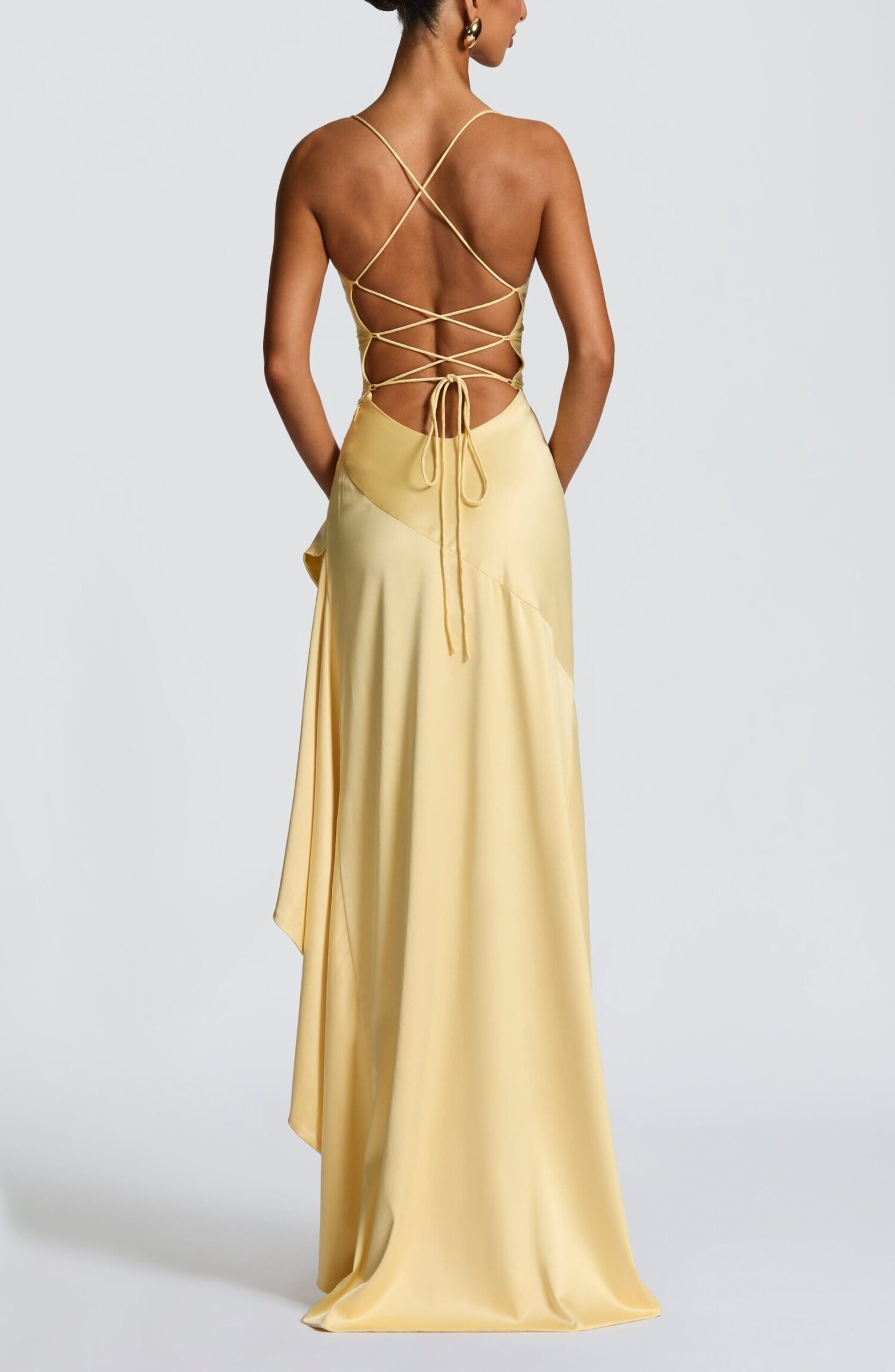 Lemon Maxi Dress High-Low Twist Cowl Neck Lace-Up Back Split - Image 3