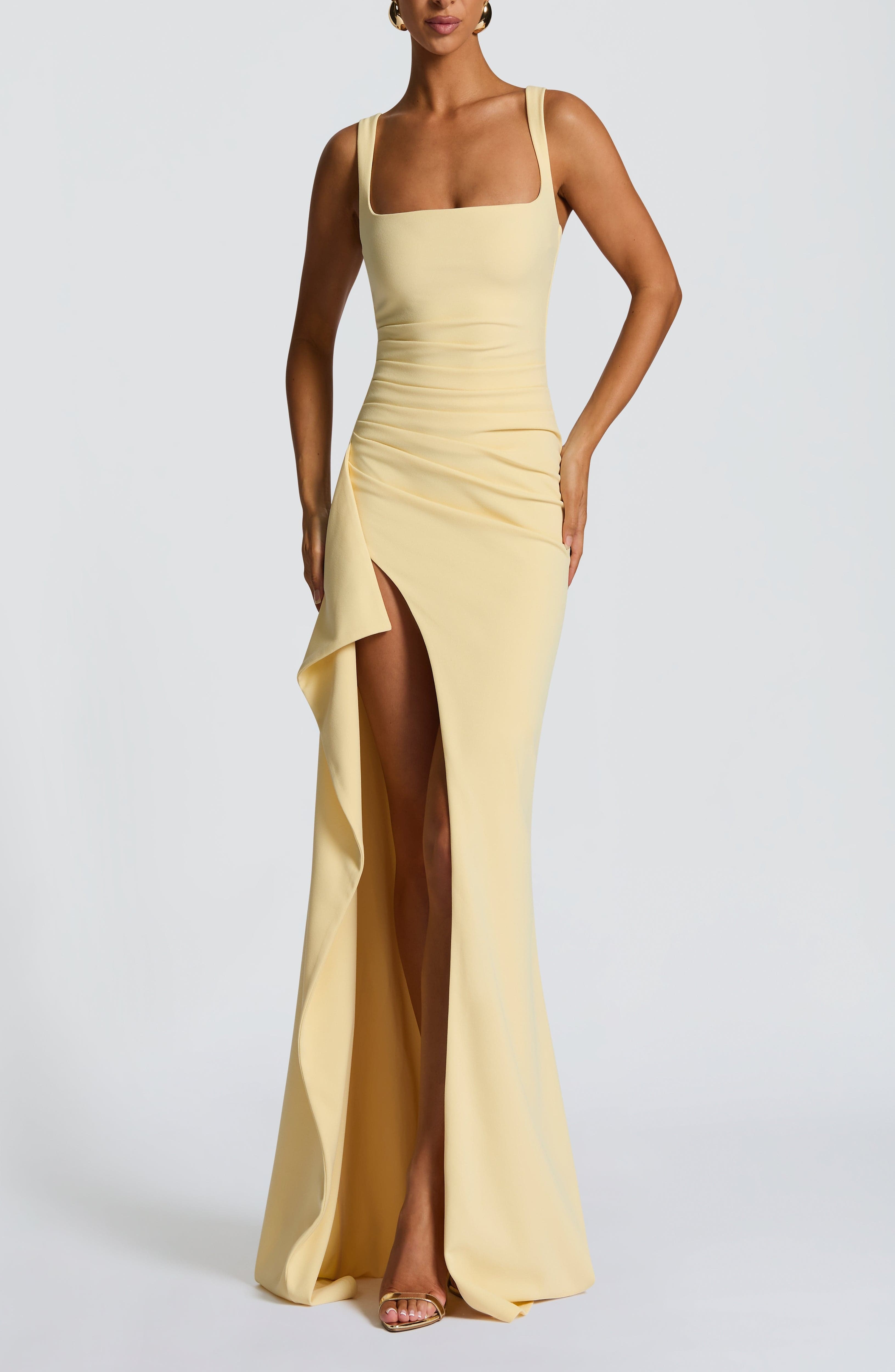 Lemon Maxi Dress Square Neckline Draped Stretch Crepe