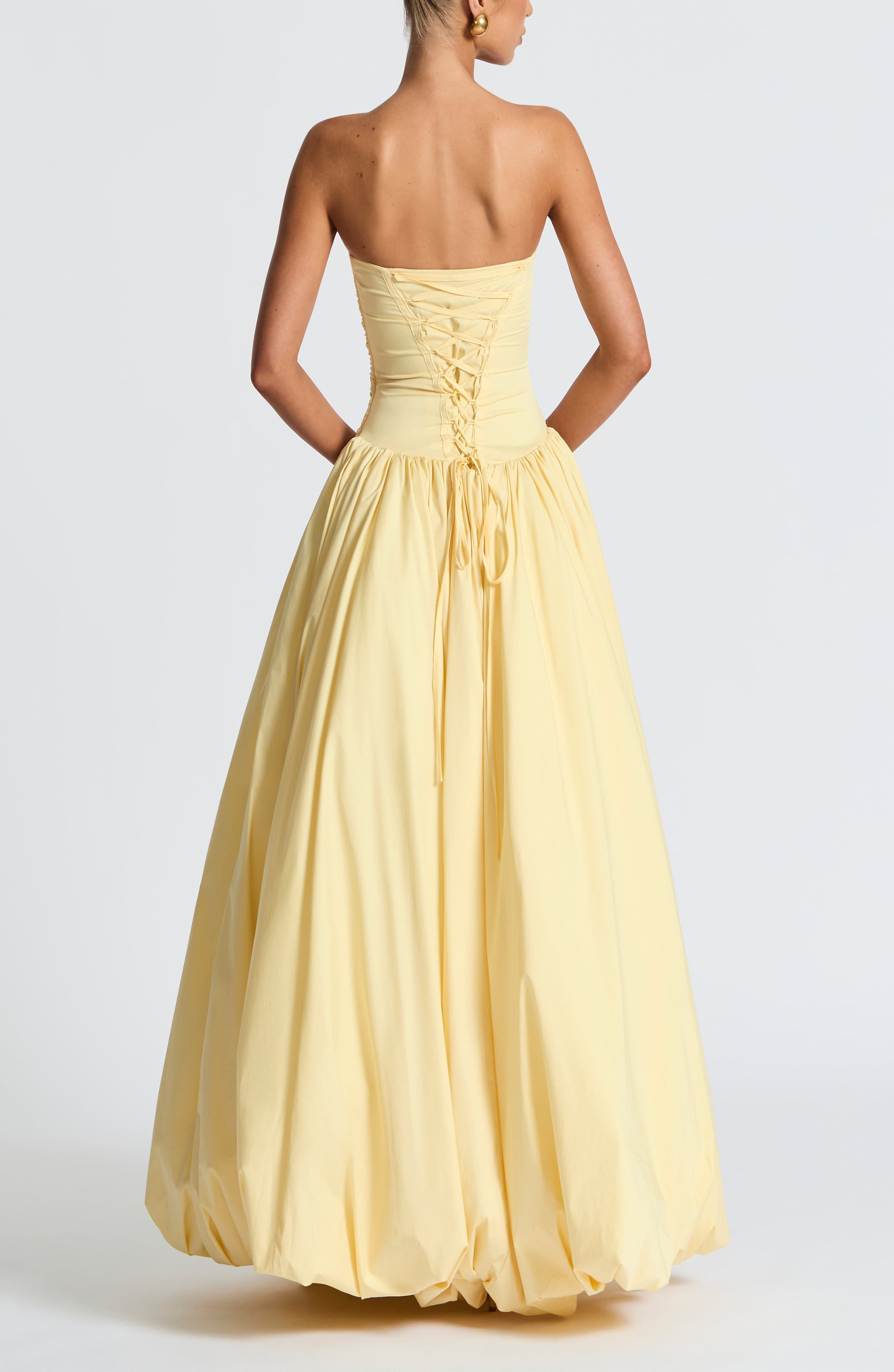 Lemon Maxi Dress Strapless Ruched Bodice Lace-Up Back Puff Skirt - Image 2
