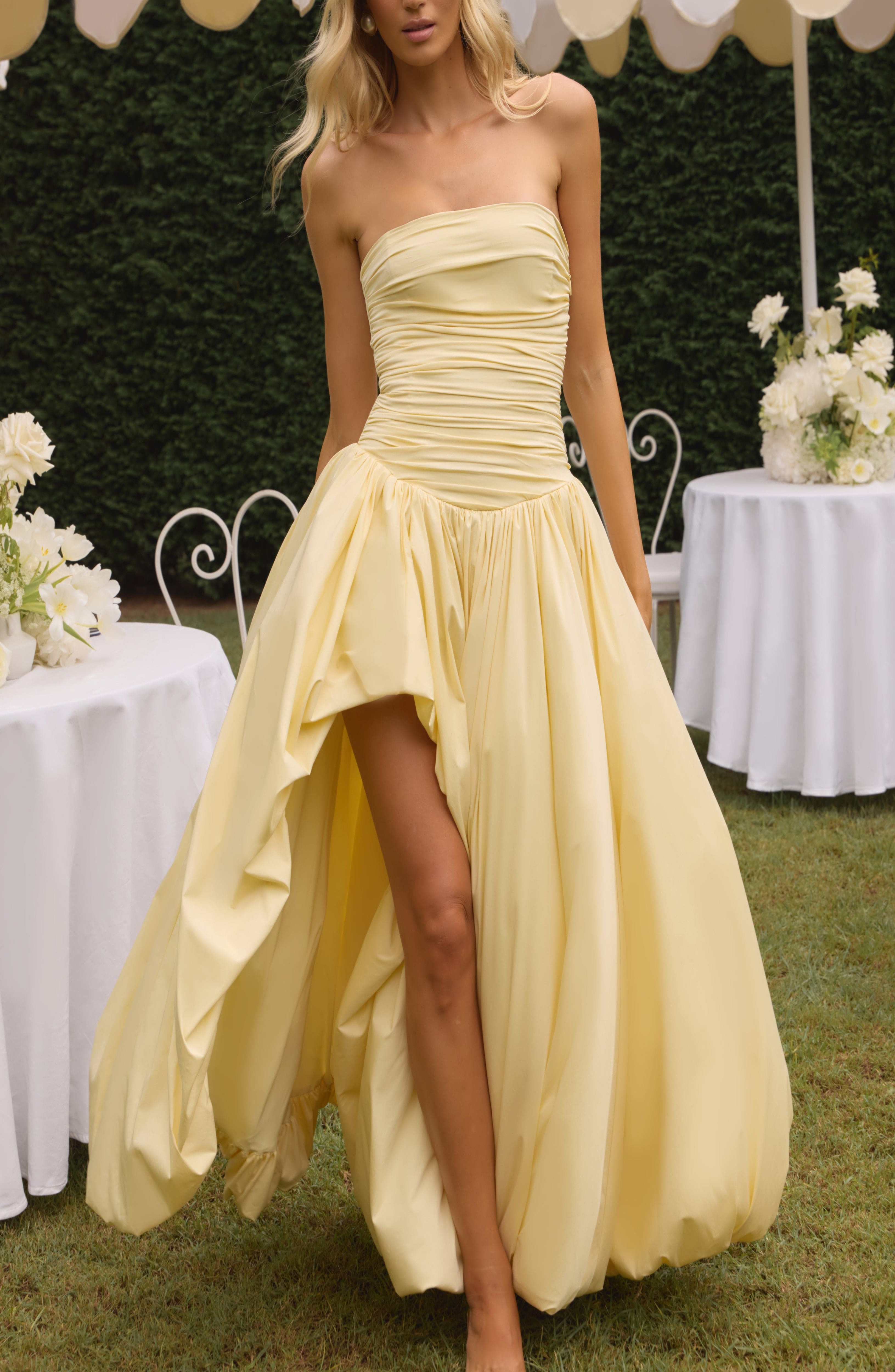 Lemon Maxi Dress Strapless Ruched Bodice Lace-Up Back Puff Skirt - Image 6