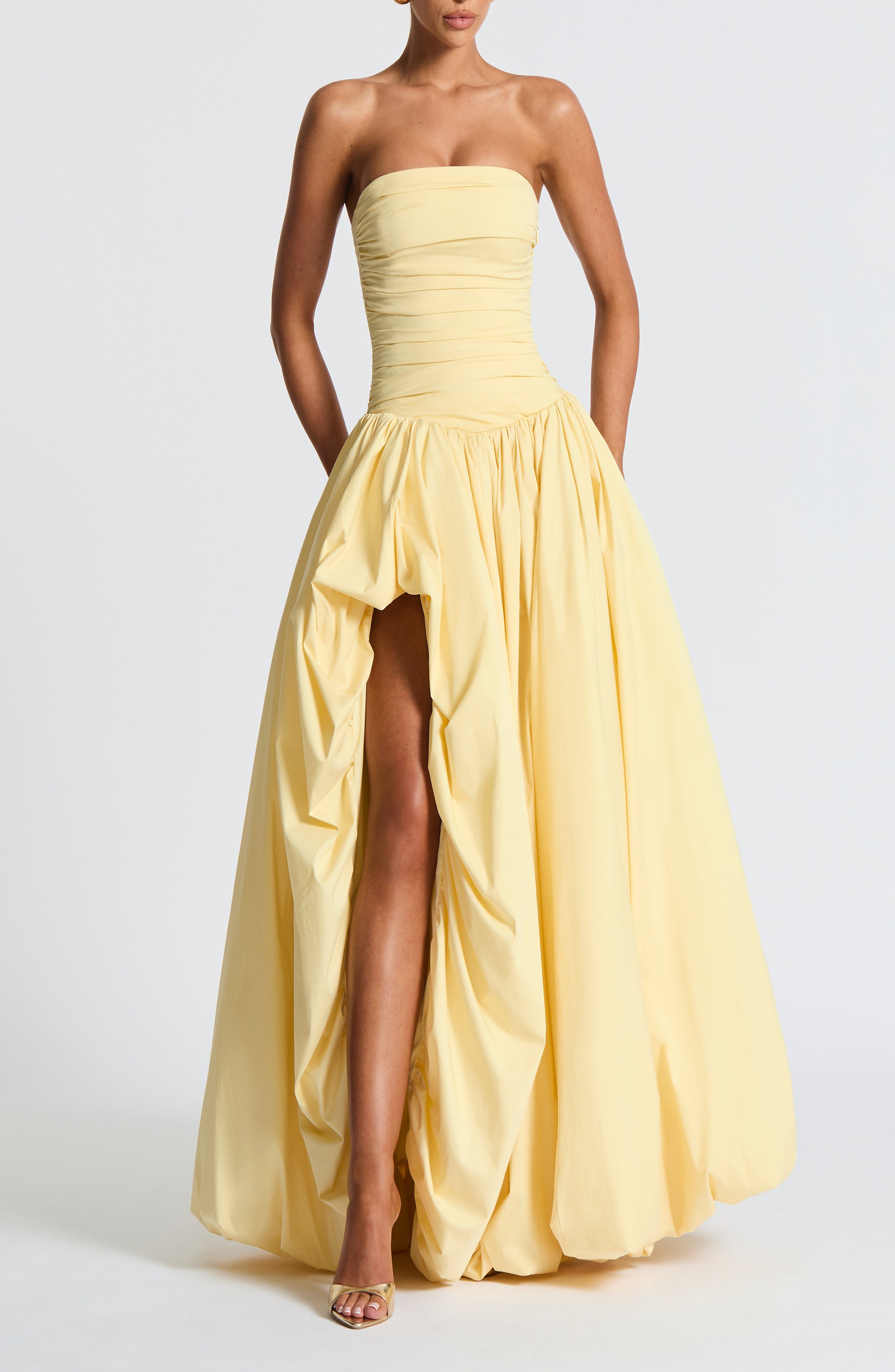 Lemon Maxi Dress Strapless Ruched Bodice Lace-Up Back Puff Skirt - Image 10