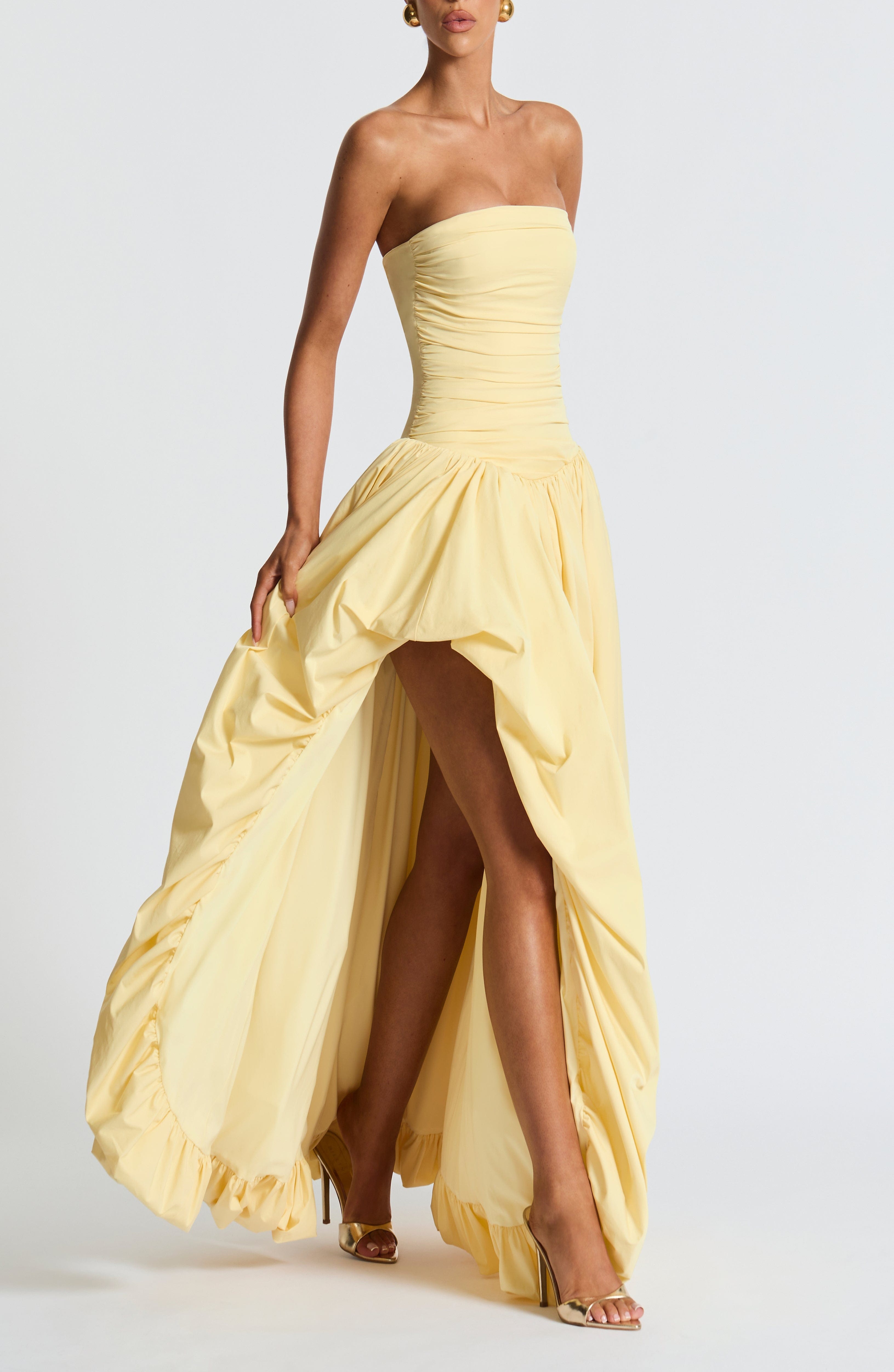 Lemon Maxi Dress Strapless Ruched Bodice Lace-Up Back Puff Skirt - Image 5