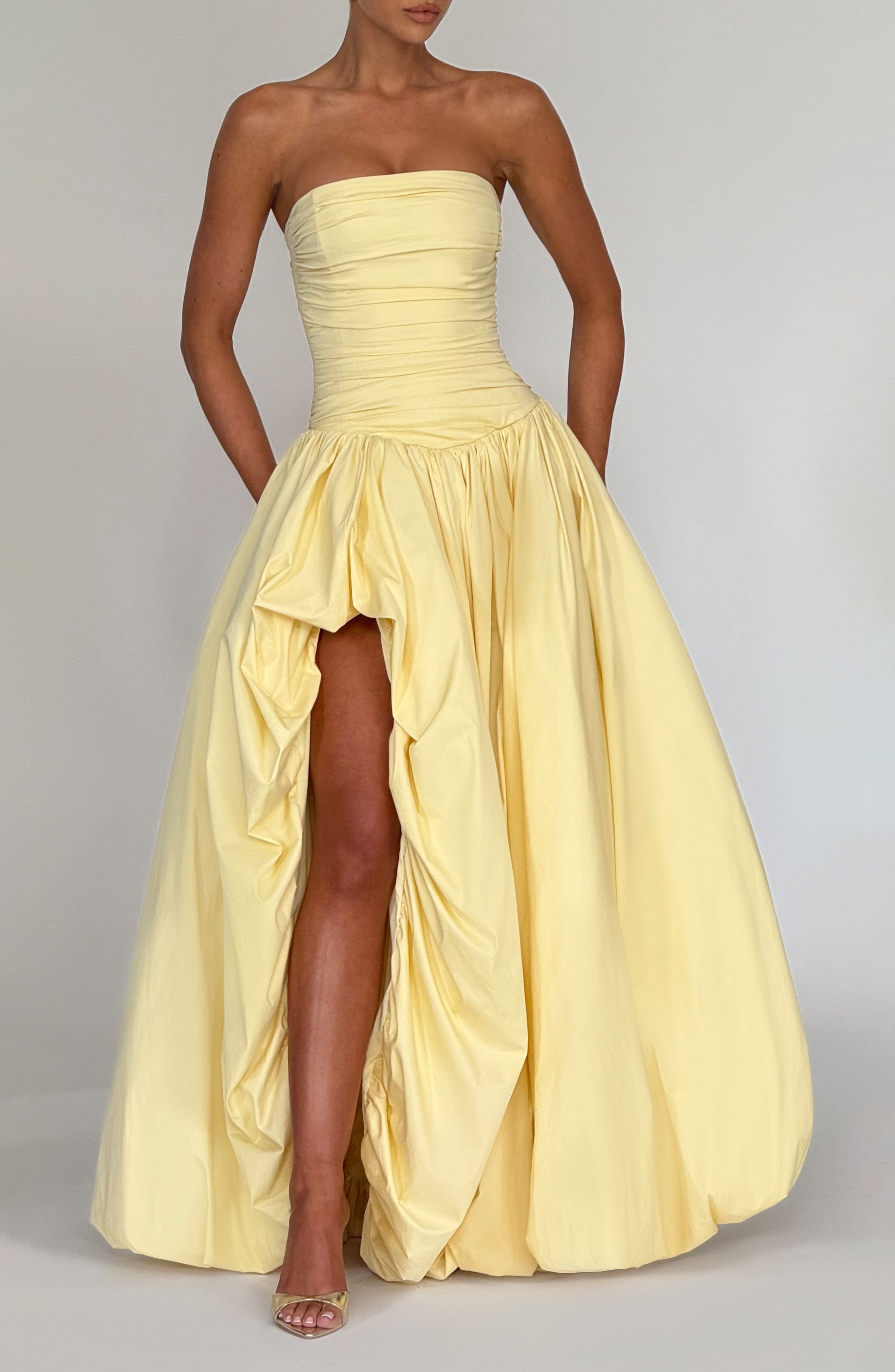 Lemon Maxi Dress Strapless Ruched Bodice Lace-Up Back Puff Skirt - Image 4