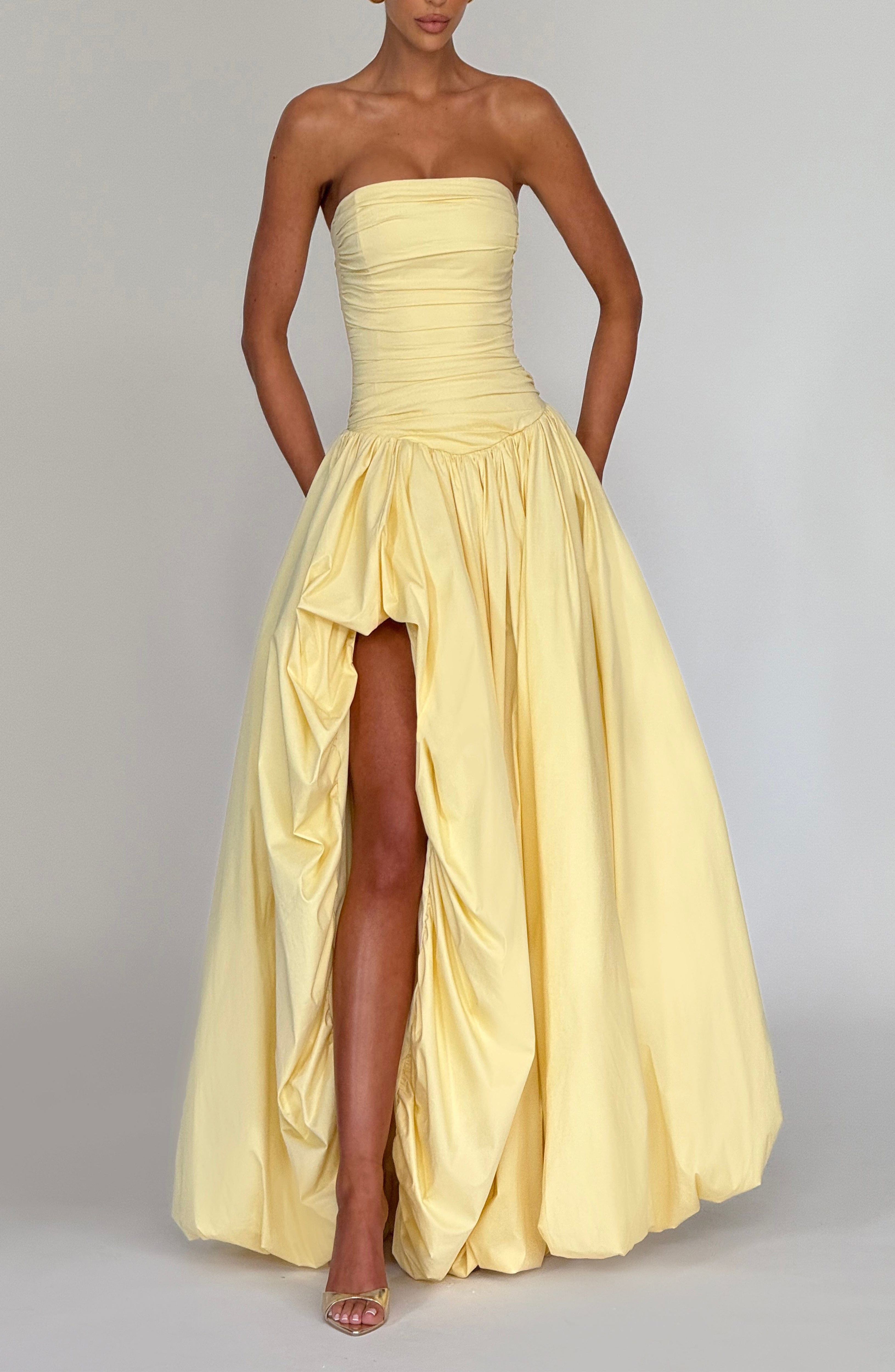 Lemon Maxi Dress Strapless Ruched Bodice Lace-Up Back Puff Skirt - Image 7