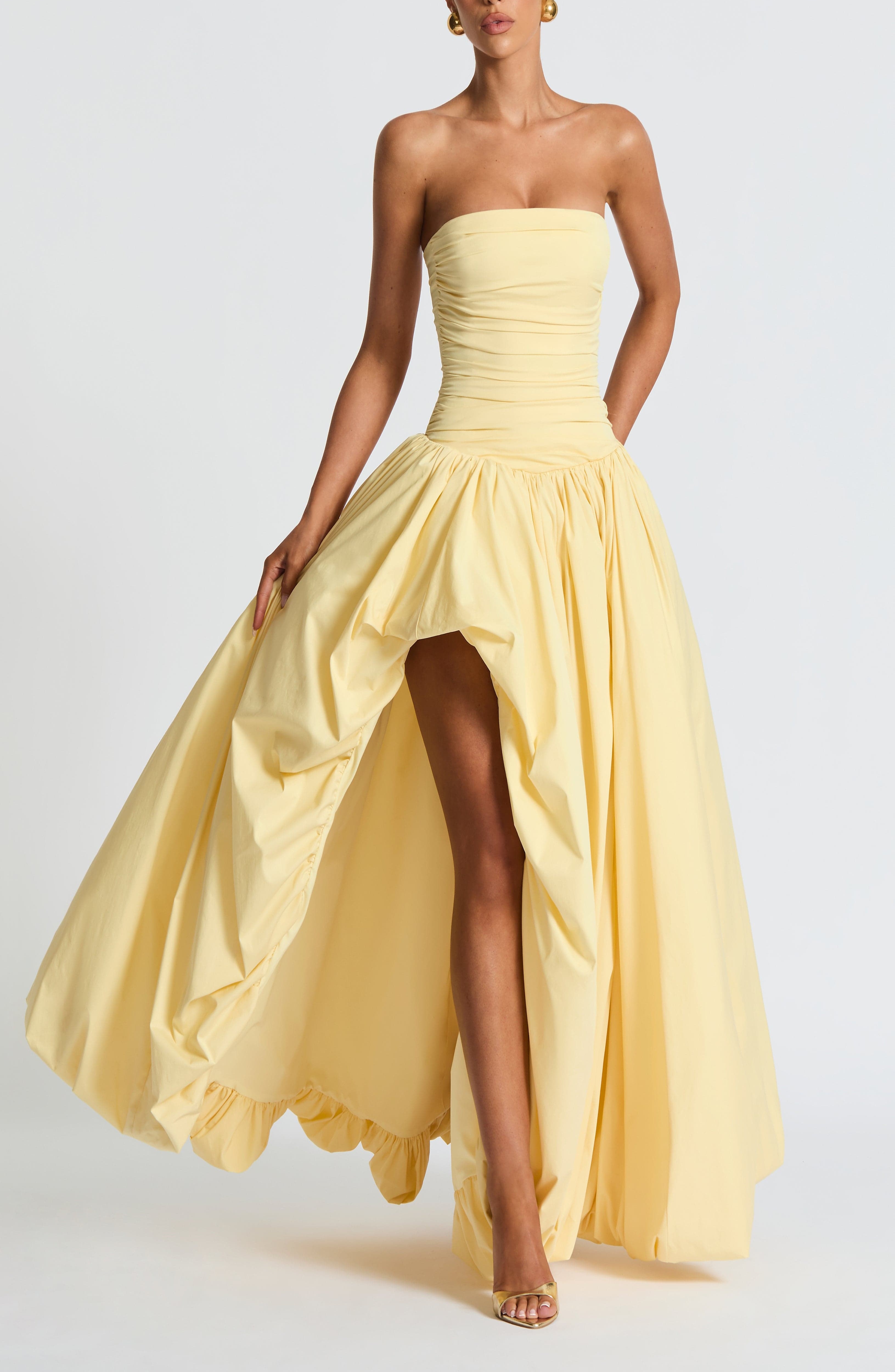 Lemon Maxi Dress Strapless Ruched Bodice Lace-Up Back Puff Skirt