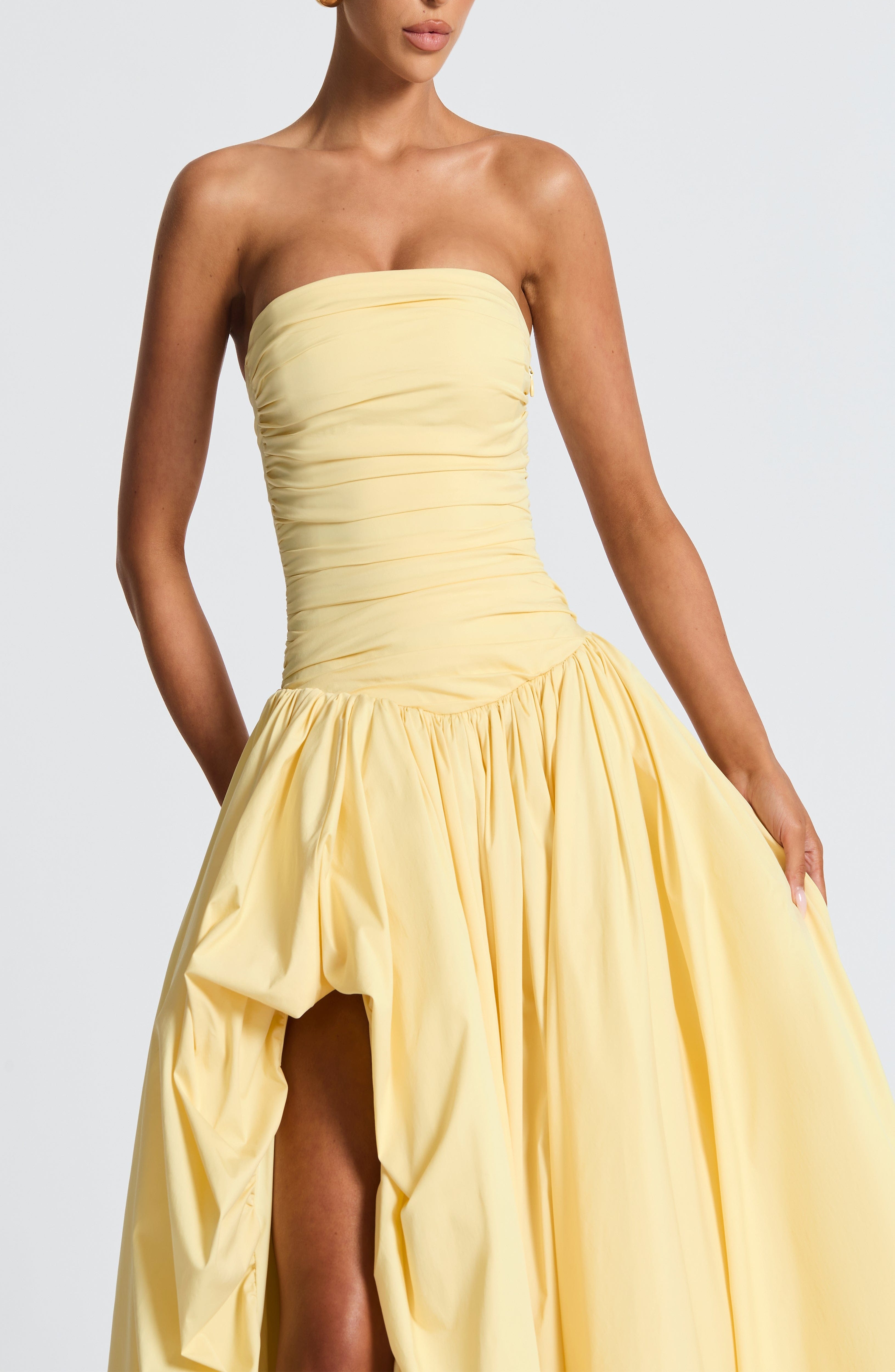 Lemon Maxi Dress Strapless Ruched Bodice Lace-Up Back Puff Skirt - Image 9