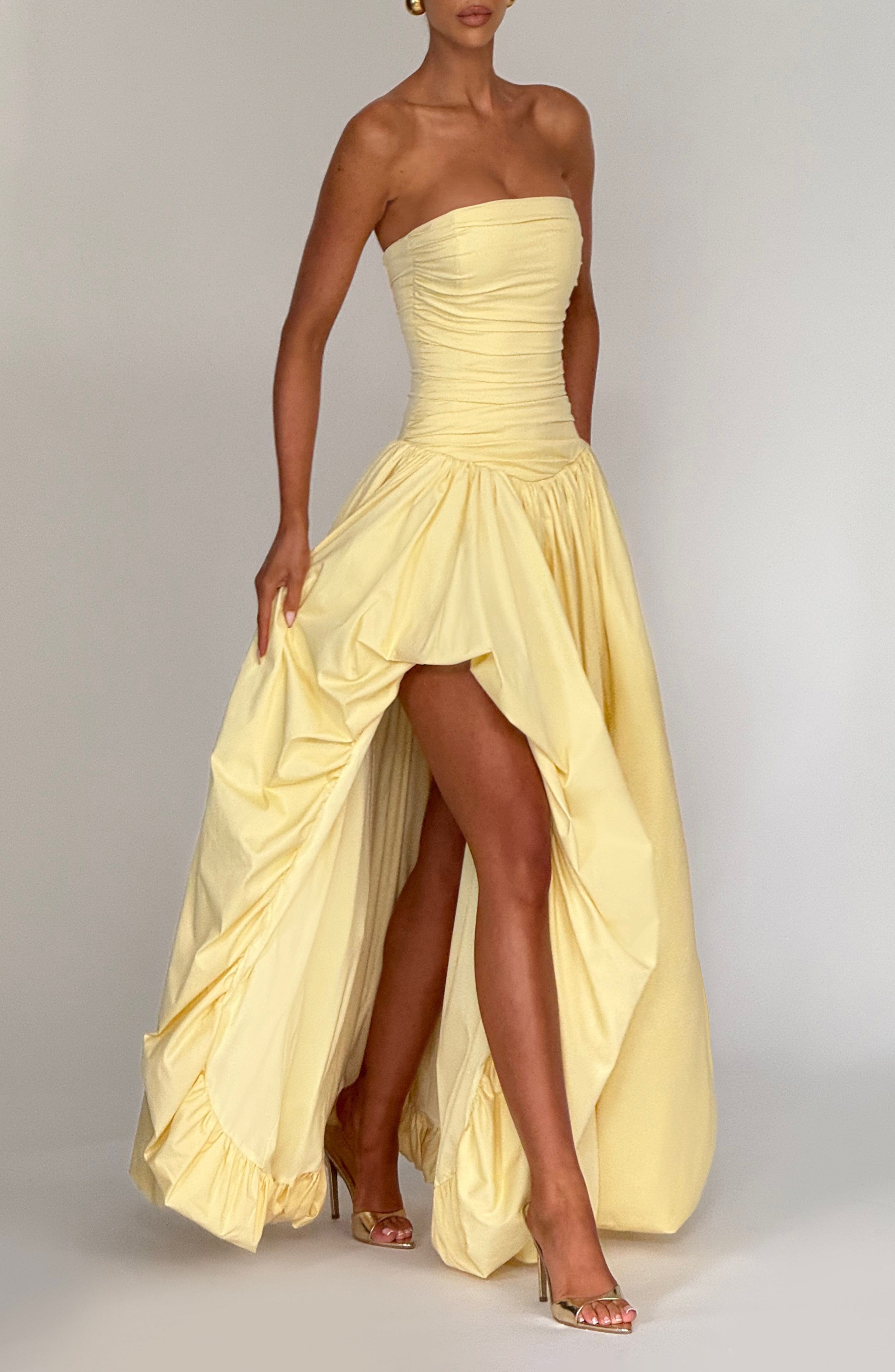 Lemon Maxi Dress Strapless Ruched Bodice Lace-Up Back Puff Skirt - Image 3