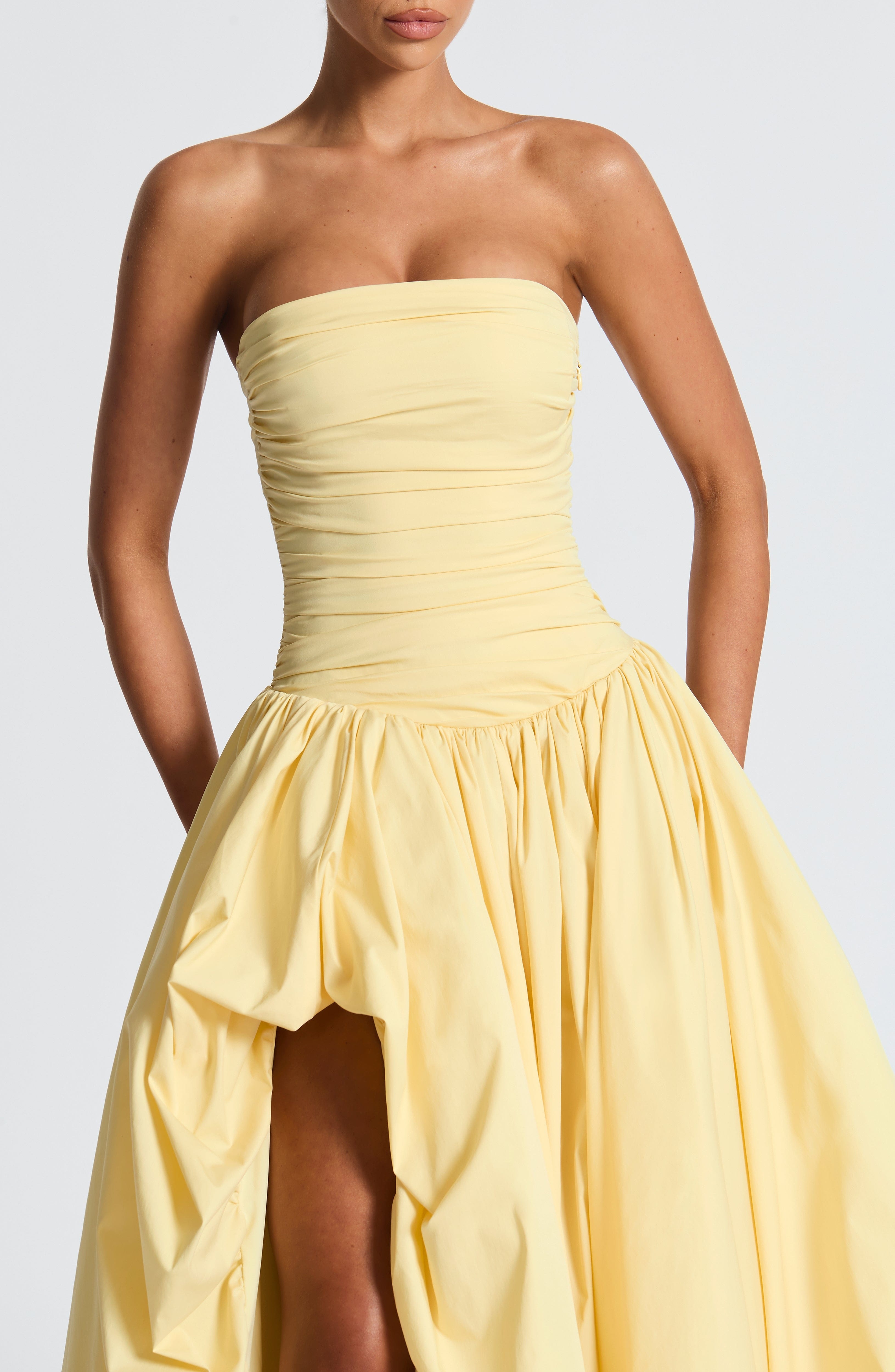 Lemon Maxi Dress Strapless Ruched Bodice Lace-Up Back Puff Skirt - Image 8