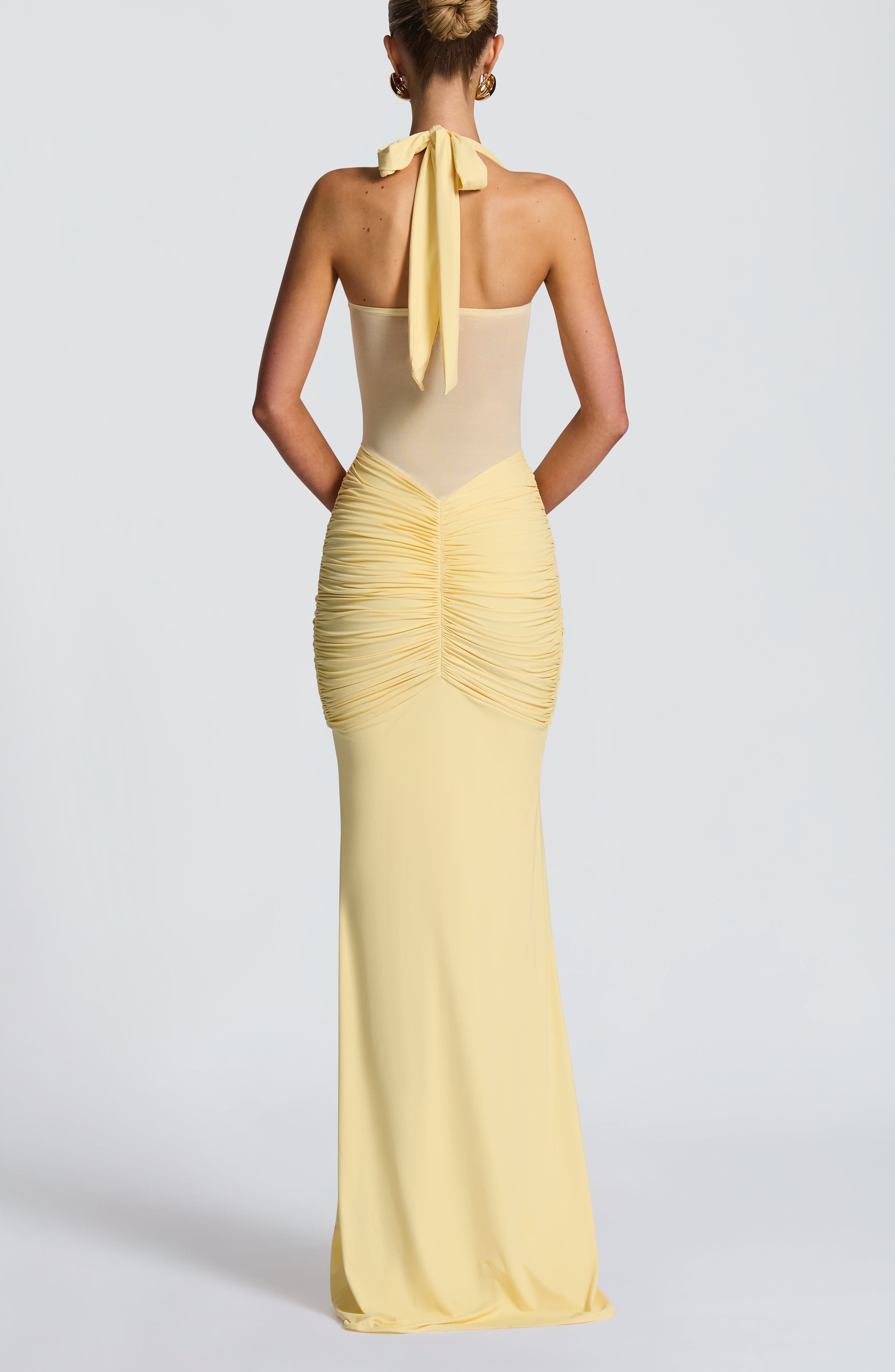 Lemon Maxi Dress Sweetheart Neckline Ruched Hips Halter Tie - Image 3