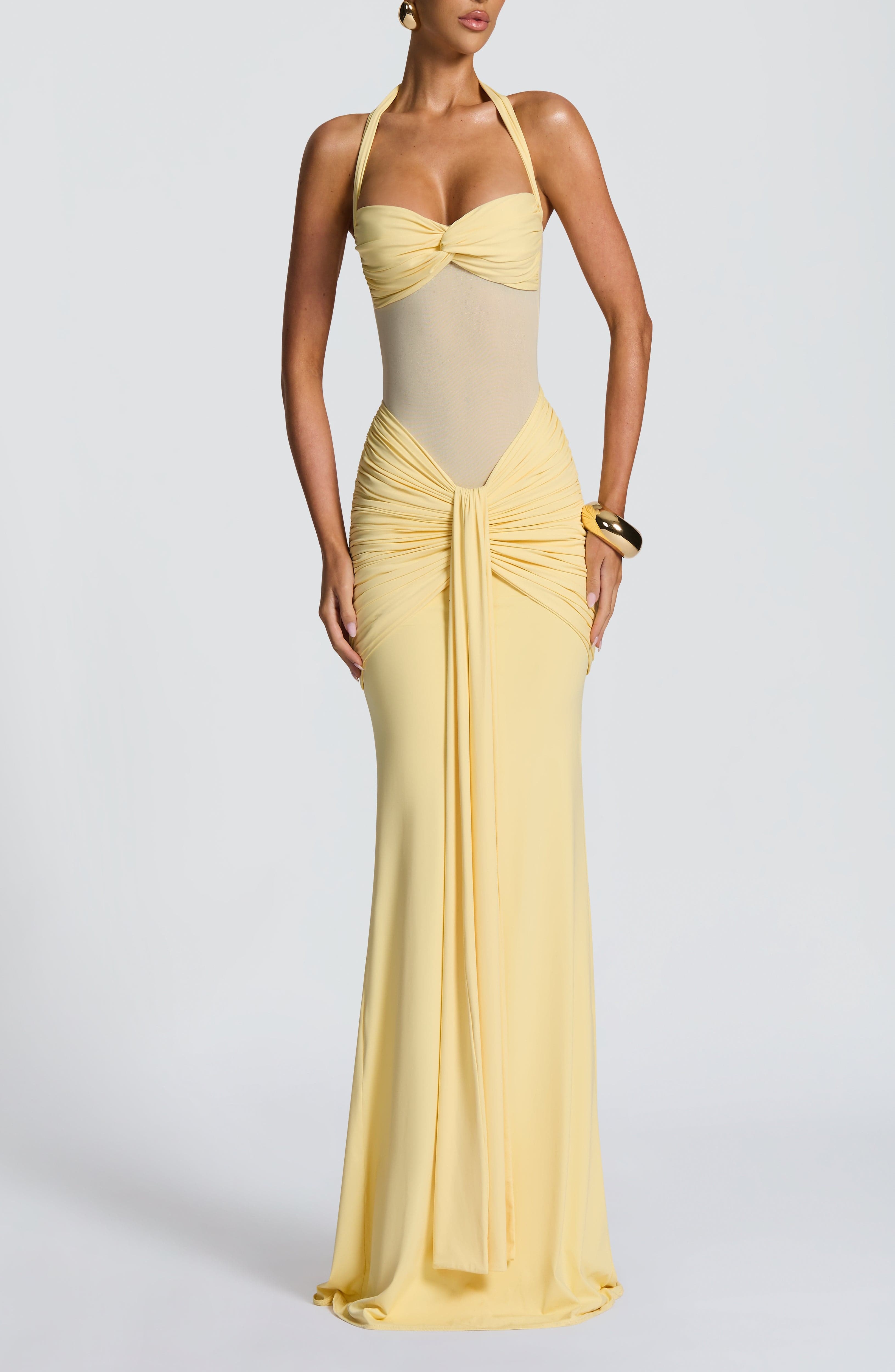 Lemon Maxi Dress Sweetheart Neckline Ruched Hips Halter Tie - Image 5