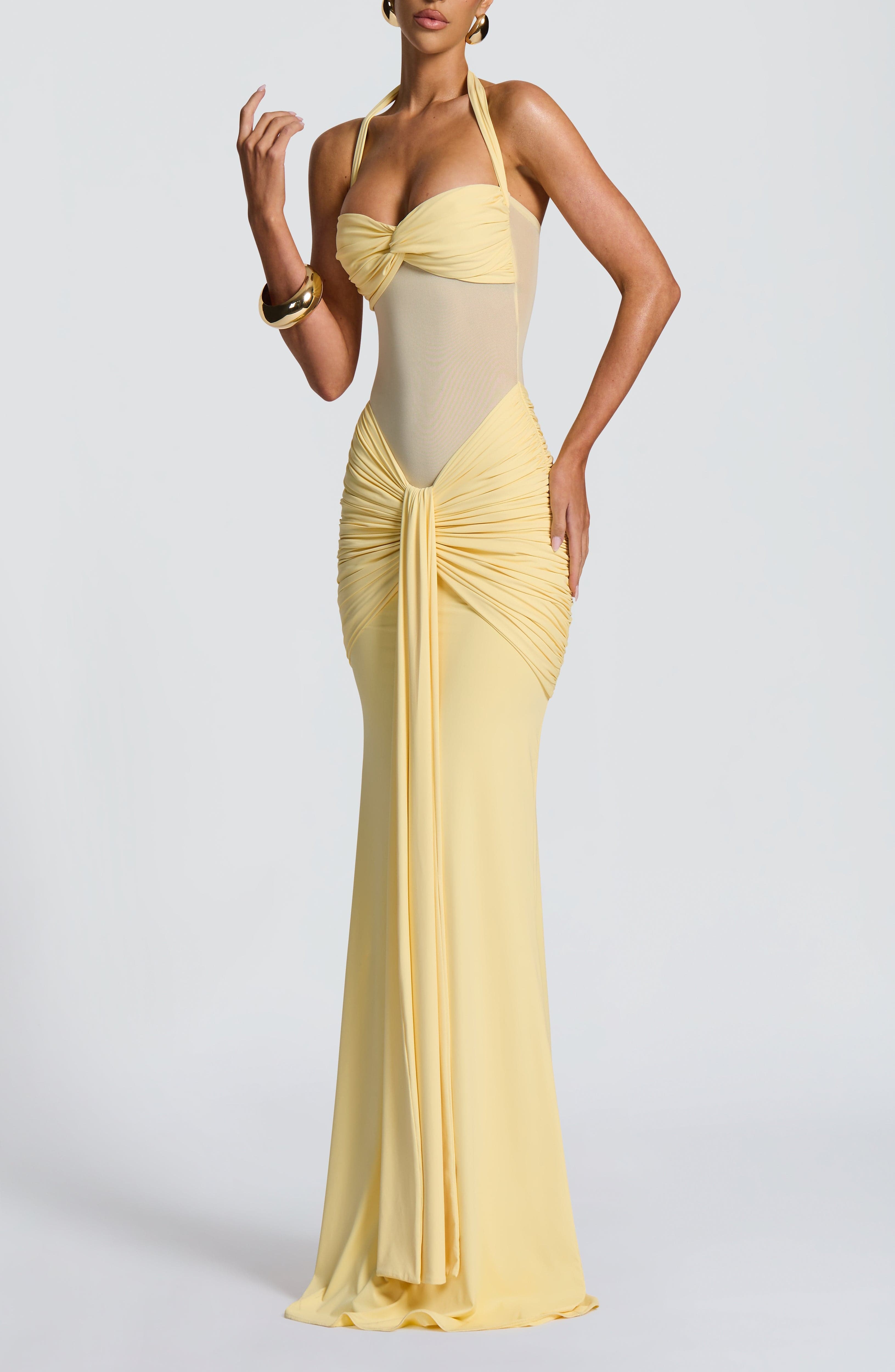 Lemon Maxi Dress Sweetheart Neckline Ruched Hips Halter Tie - Image 6