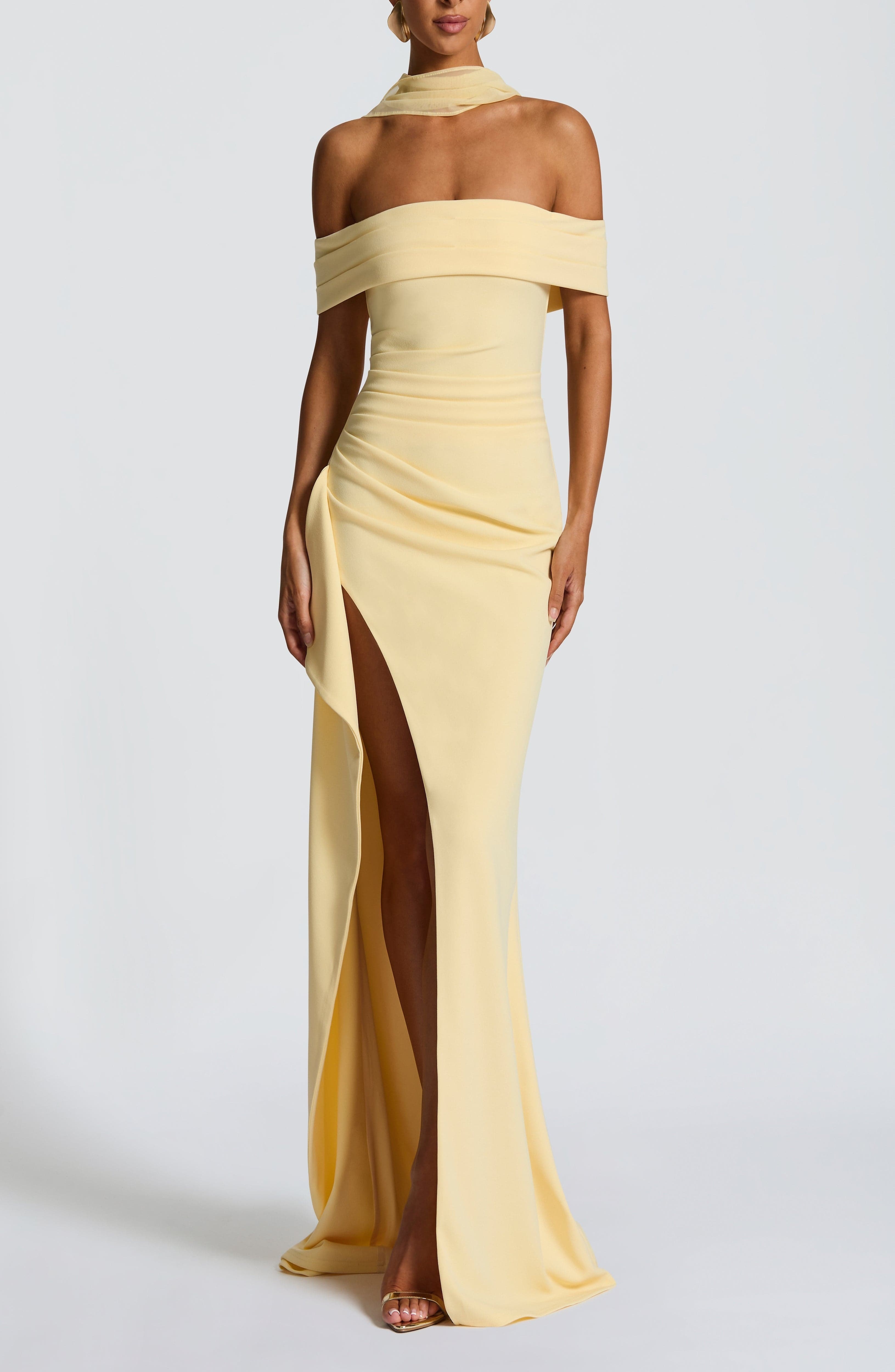 Lemon Maxi Dress with Bardot Neckline & Thigh Split - Image 11