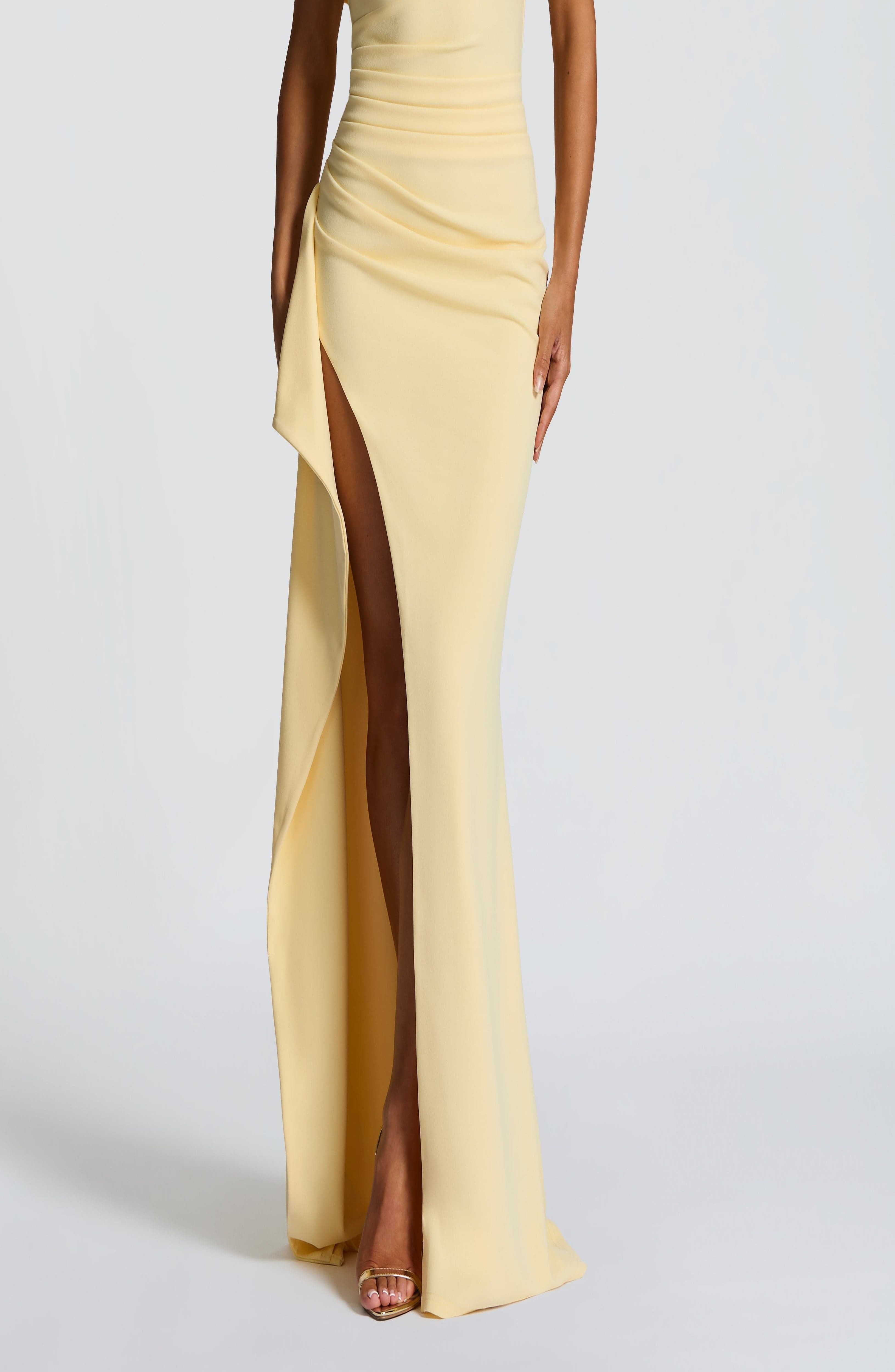 Lemon Maxi Dress with Bardot Neckline & Thigh Split - Image 3