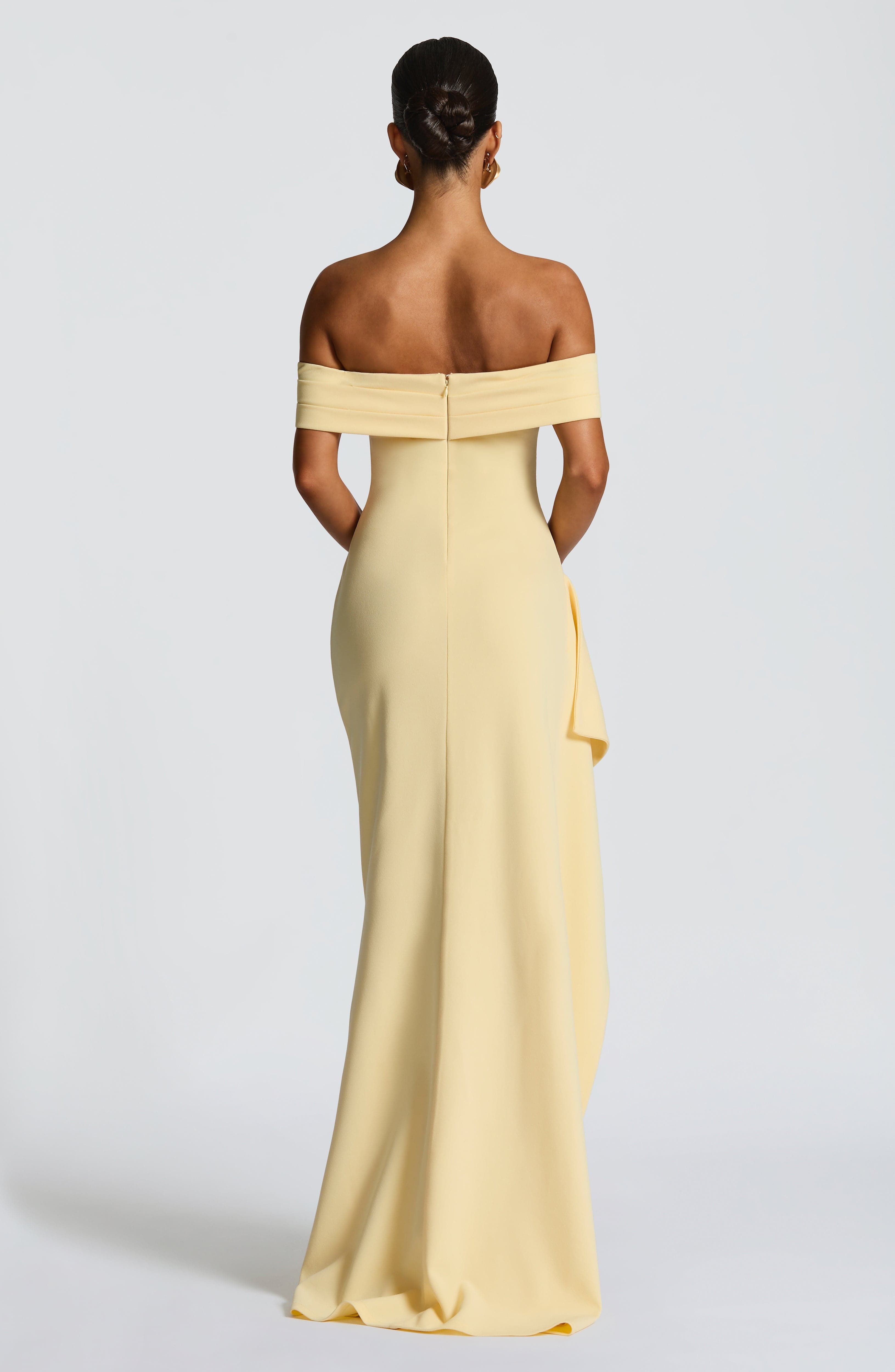 Lemon Maxi Dress with Bardot Neckline & Thigh Split - Image 4