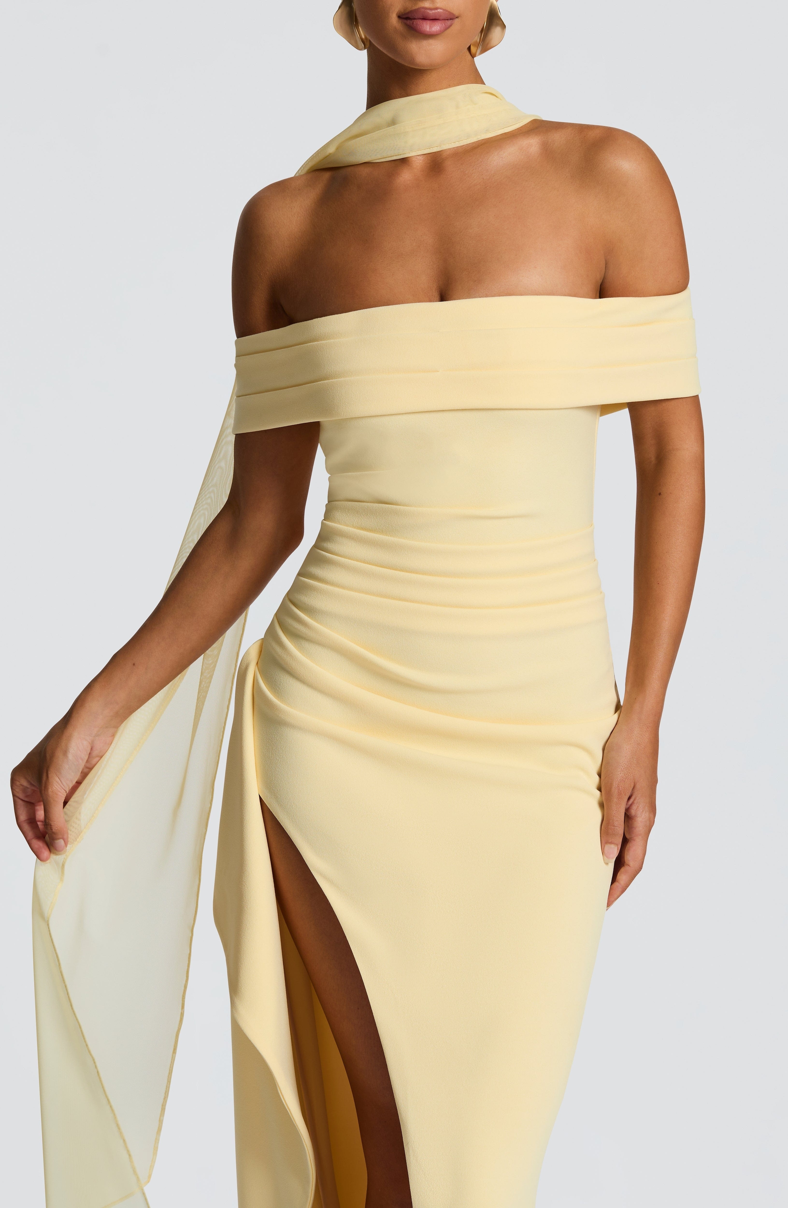 Lemon Maxi Dress with Bardot Neckline & Thigh Split - Image 5