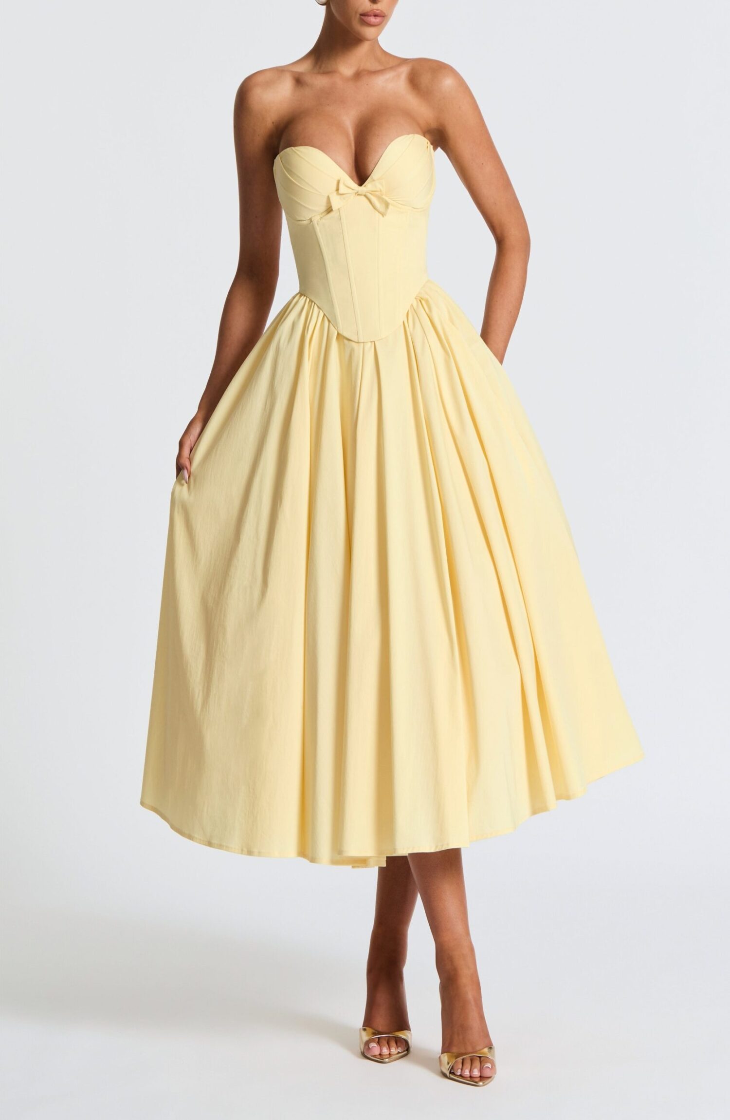 Lemon Strapless Midi Dress with Corset Overlay & Bow Detail - Image 5