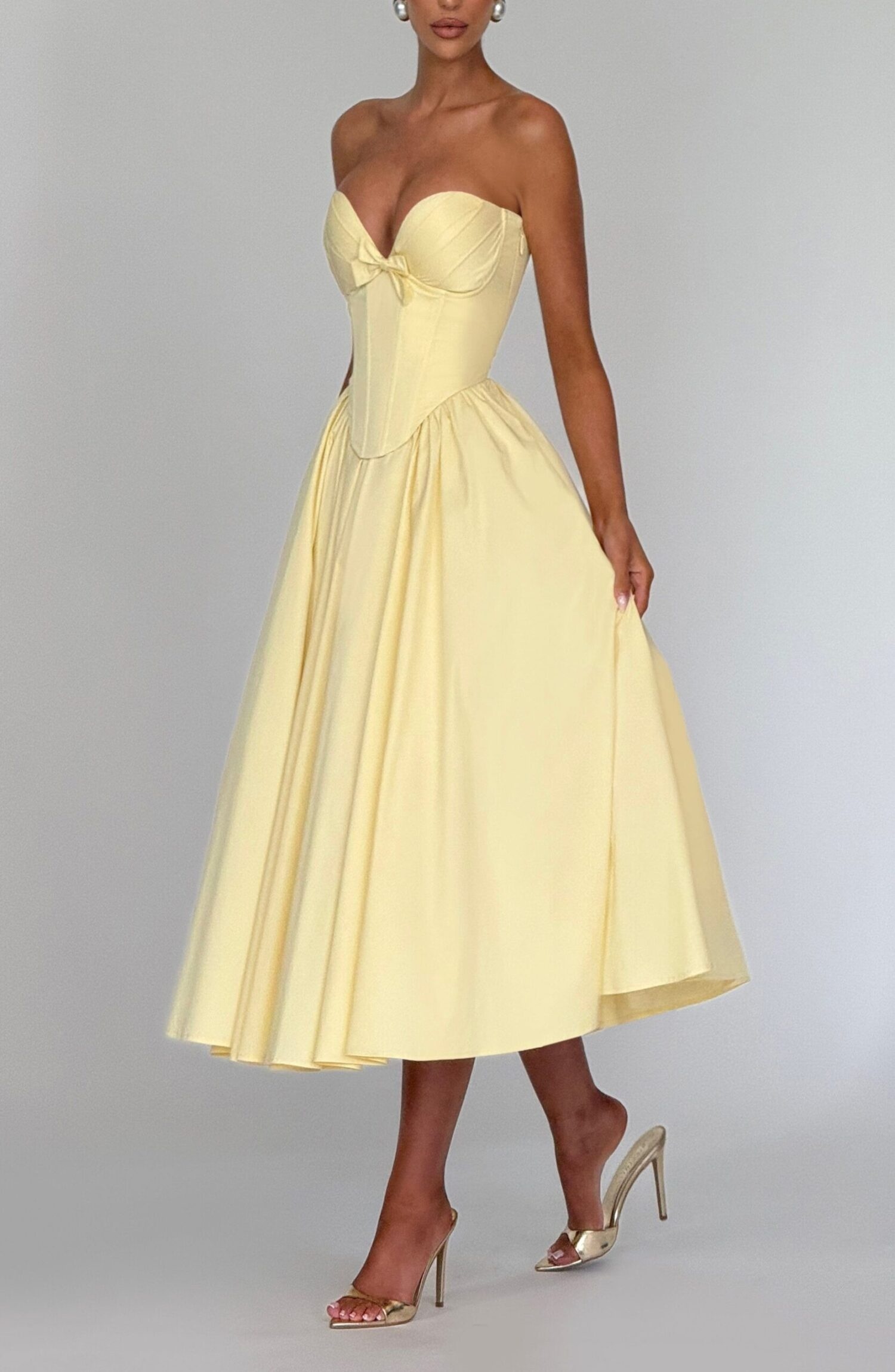 Lemon Strapless Midi Dress with Corset Overlay & Bow Detail - Image 2