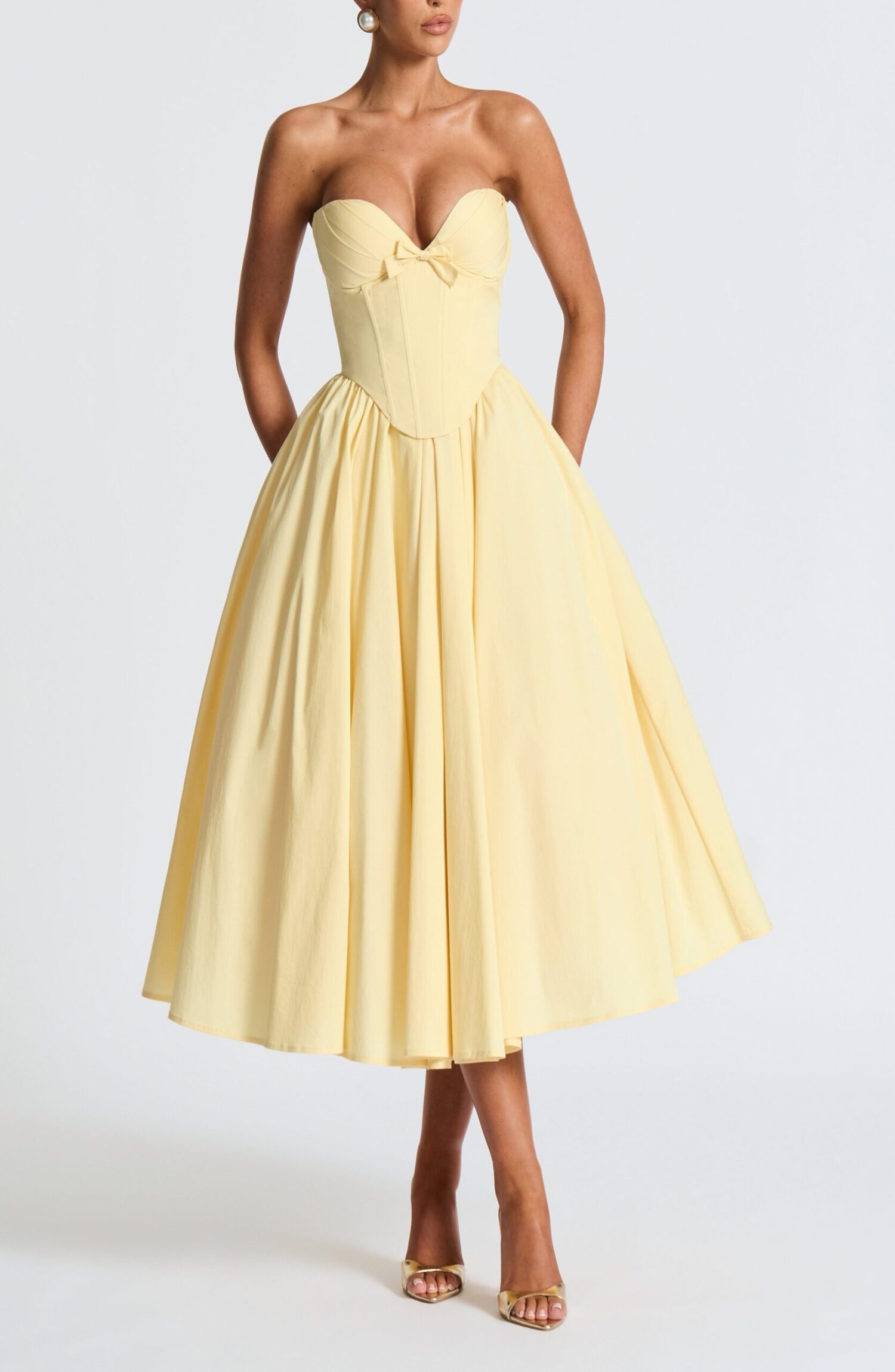 Lemon Strapless Midi Dress with Corset Overlay & Bow Detail - Image 8