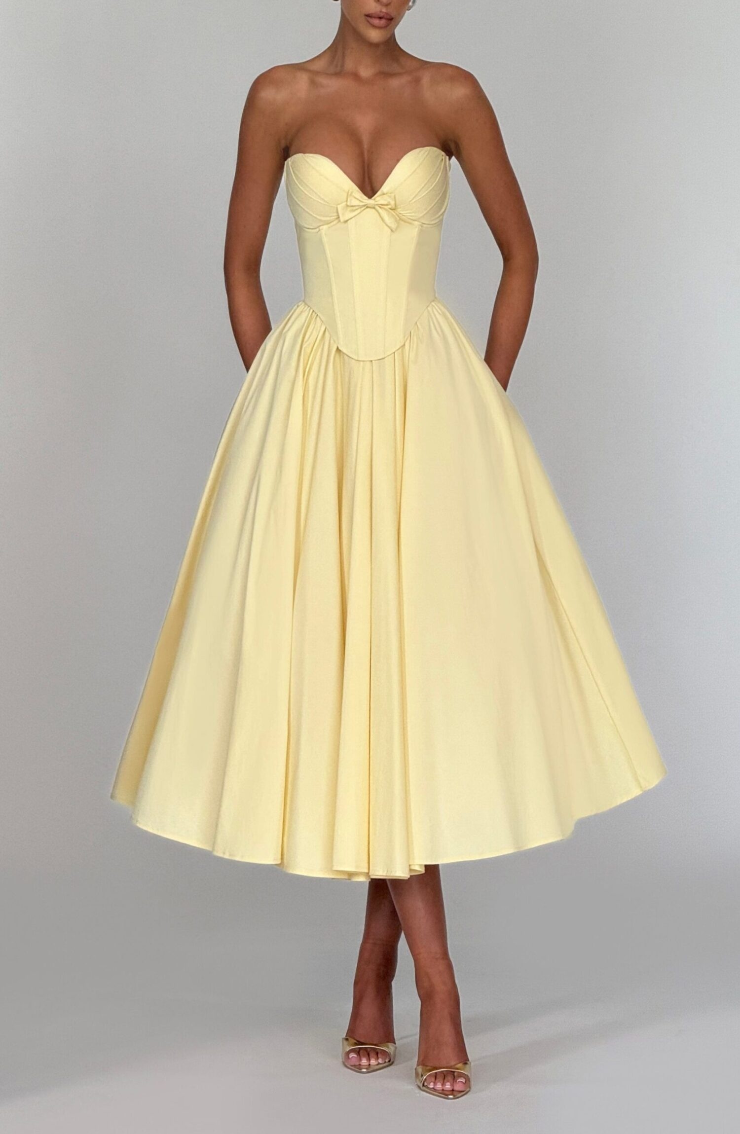 Lemon Strapless Midi Dress with Corset Overlay & Bow Detail