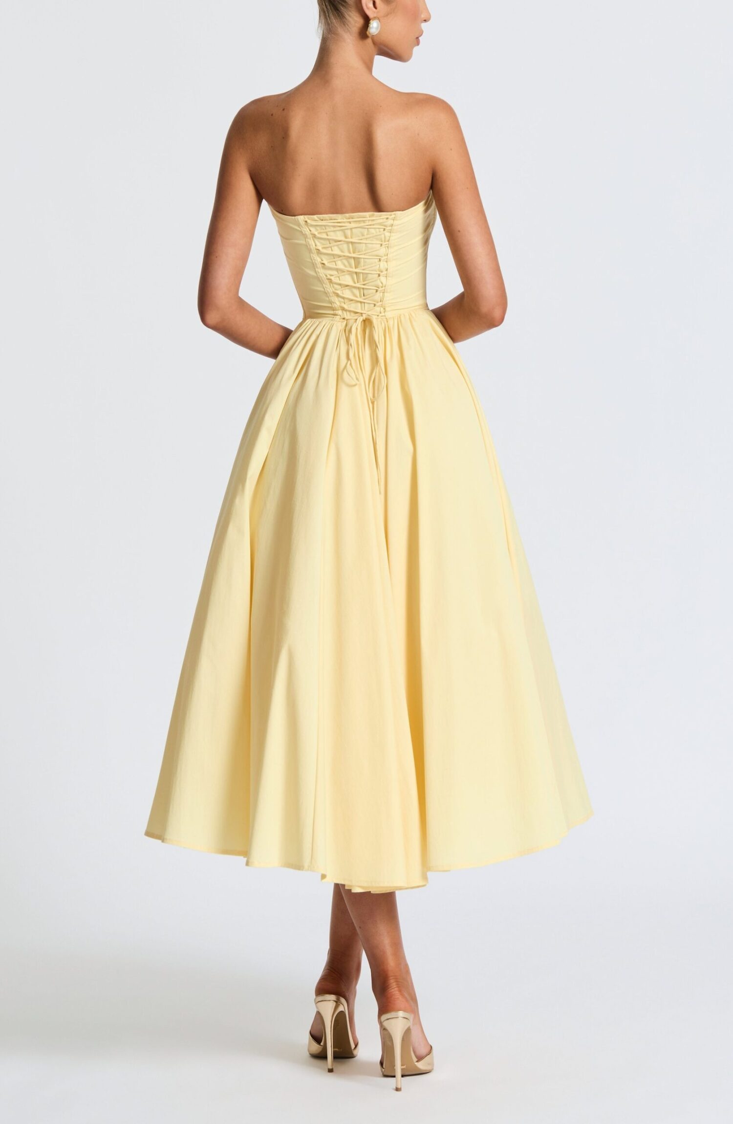 Lemon Strapless Midi Dress with Corset Overlay & Bow Detail - Image 4