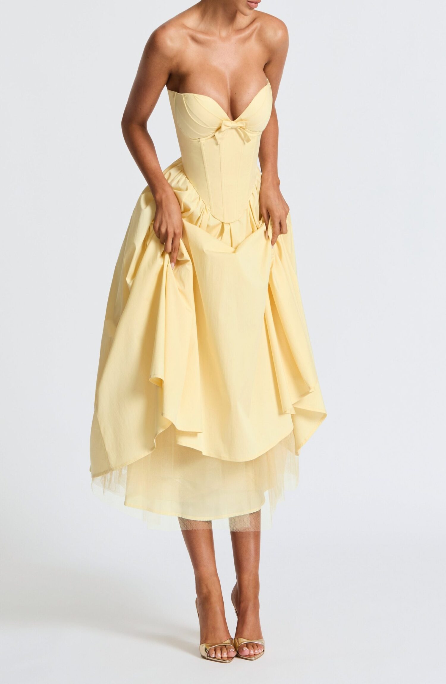 Lemon Strapless Midi Dress with Corset Overlay & Bow Detail - Image 3