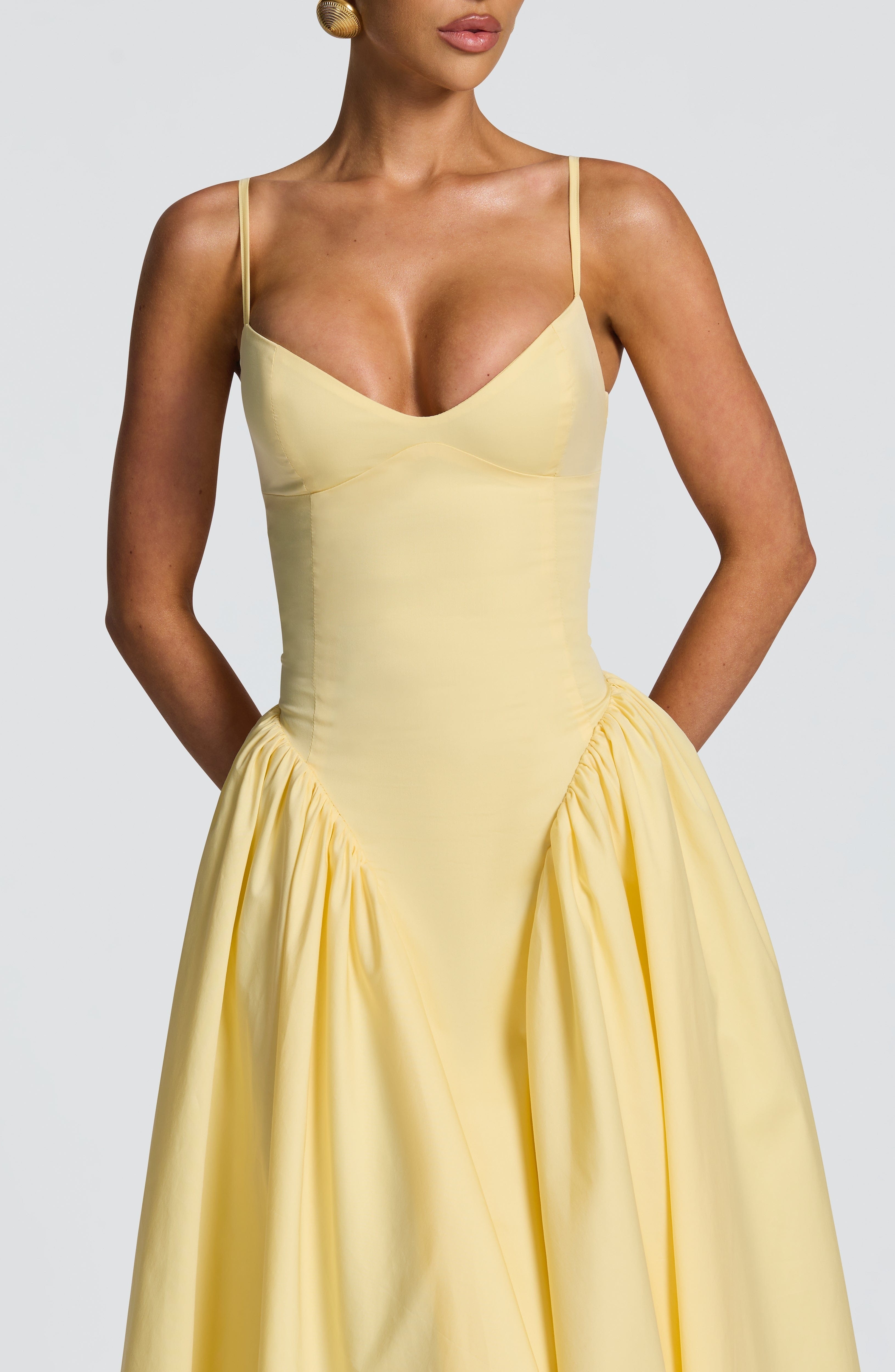 Lemon Sweetheart Lace-Up Midi Dress - Fitted Bodice, Cotton Blend - Image 3