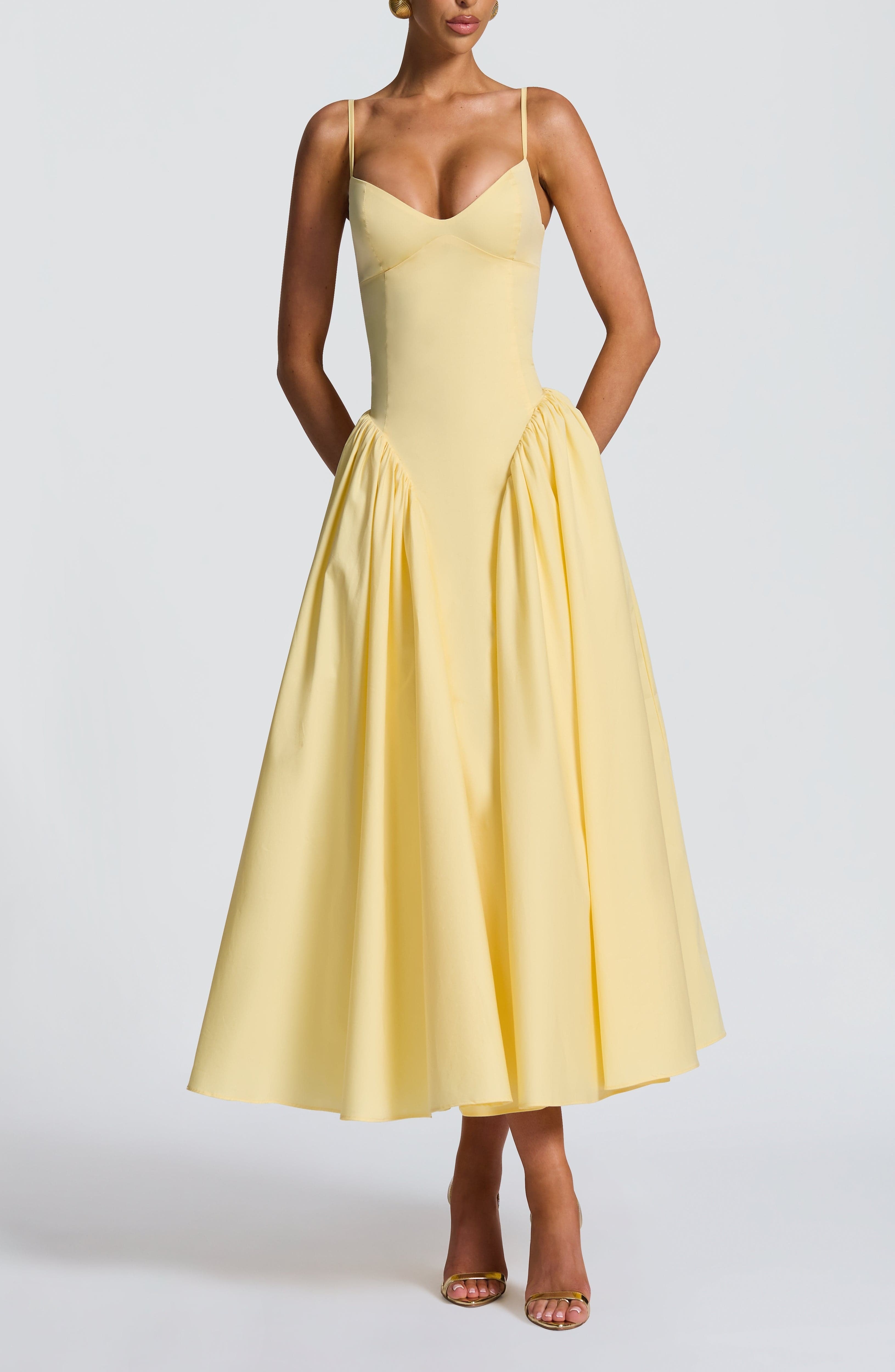 Lemon Sweetheart Lace-Up Midi Dress - Fitted Bodice, Cotton Blend - Image 8