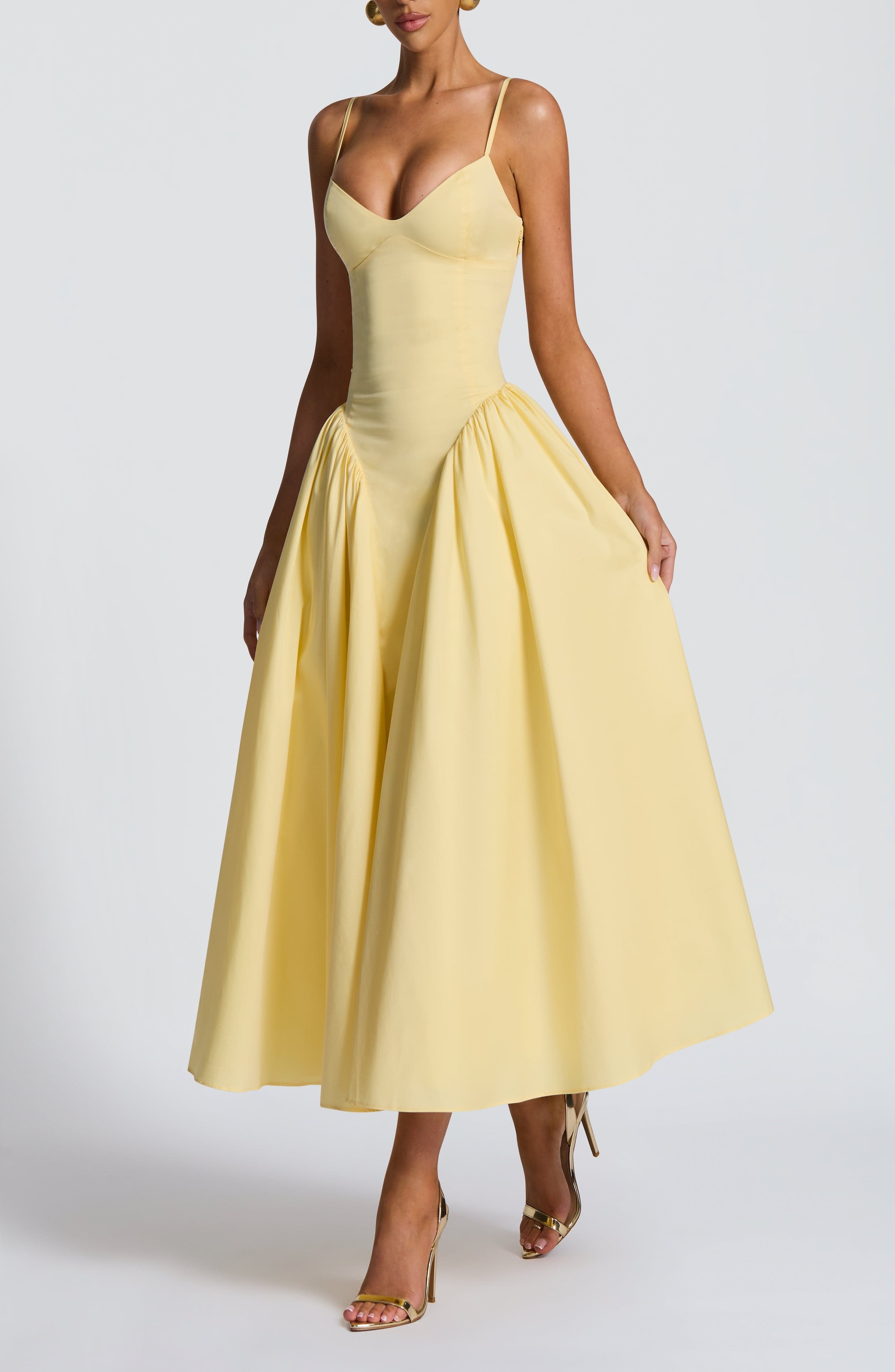 Lemon Sweetheart Lace-Up Midi Dress - Fitted Bodice, Cotton Blend - Image 4