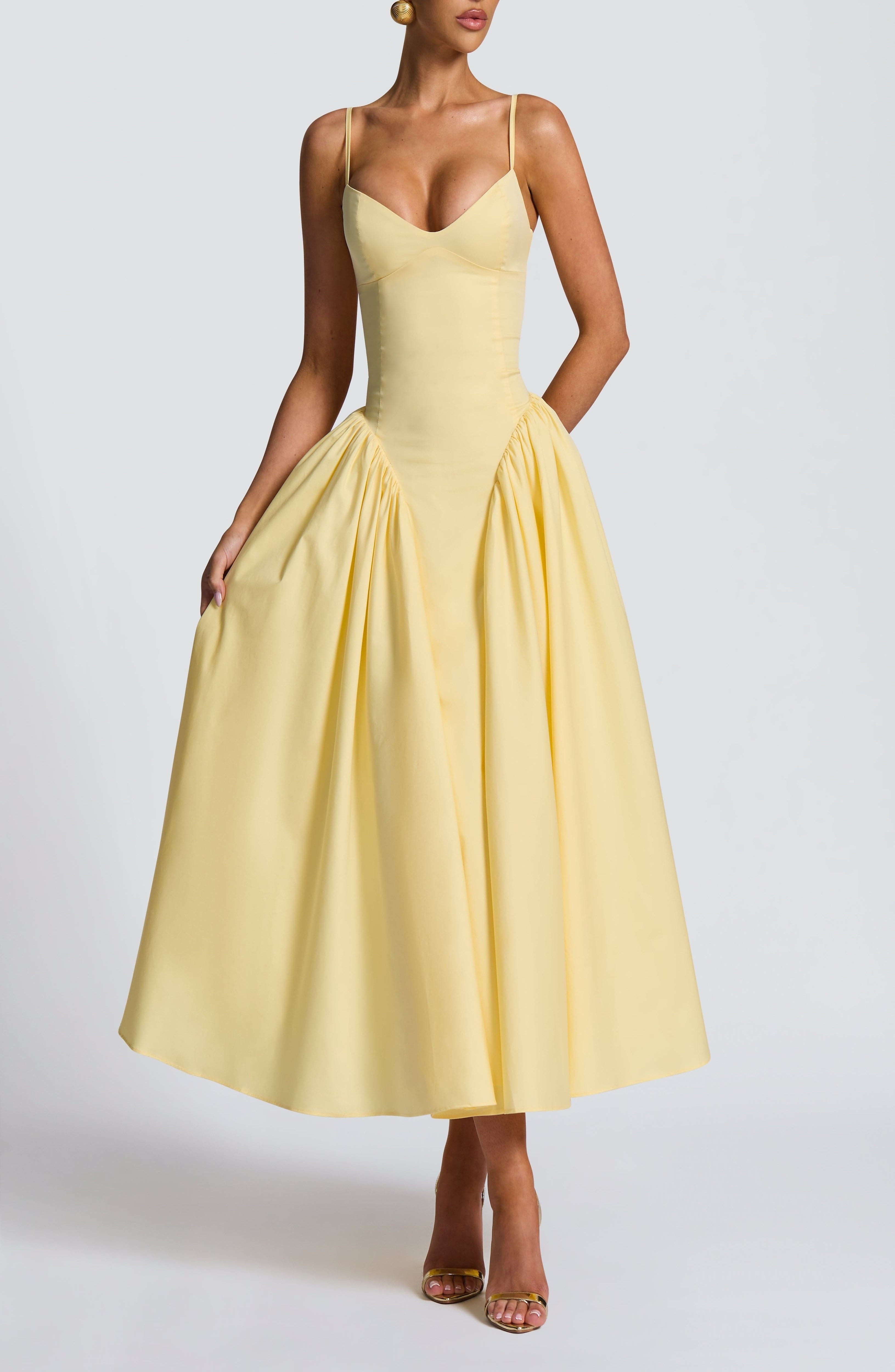 Lemon Sweetheart Lace-Up Midi Dress - Fitted Bodice, Cotton Blend