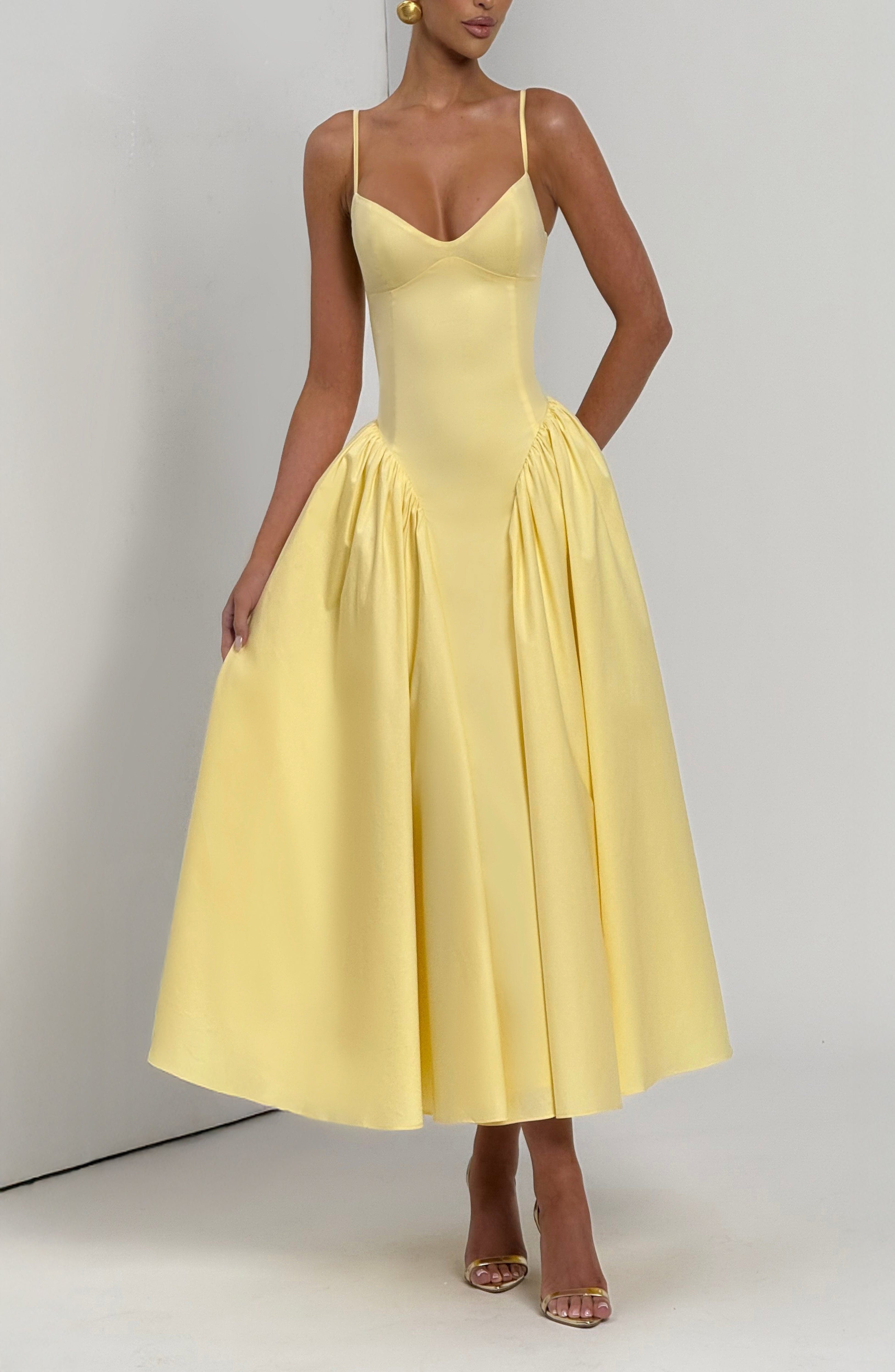 Lemon Sweetheart Lace-Up Midi Dress - Fitted Bodice, Cotton Blend - Image 6