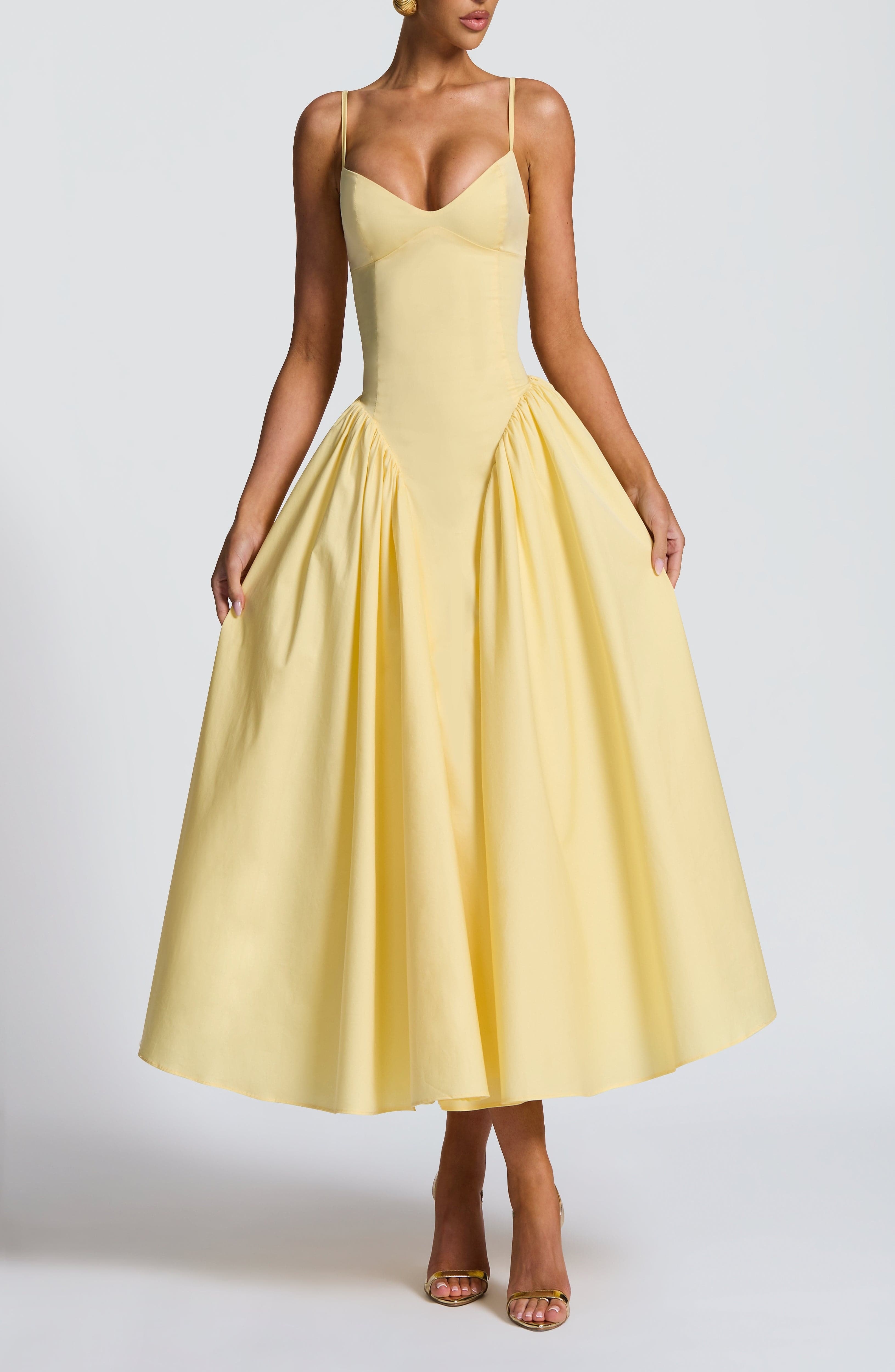 Lemon Sweetheart Lace-Up Midi Dress - Fitted Bodice, Cotton Blend - Image 7