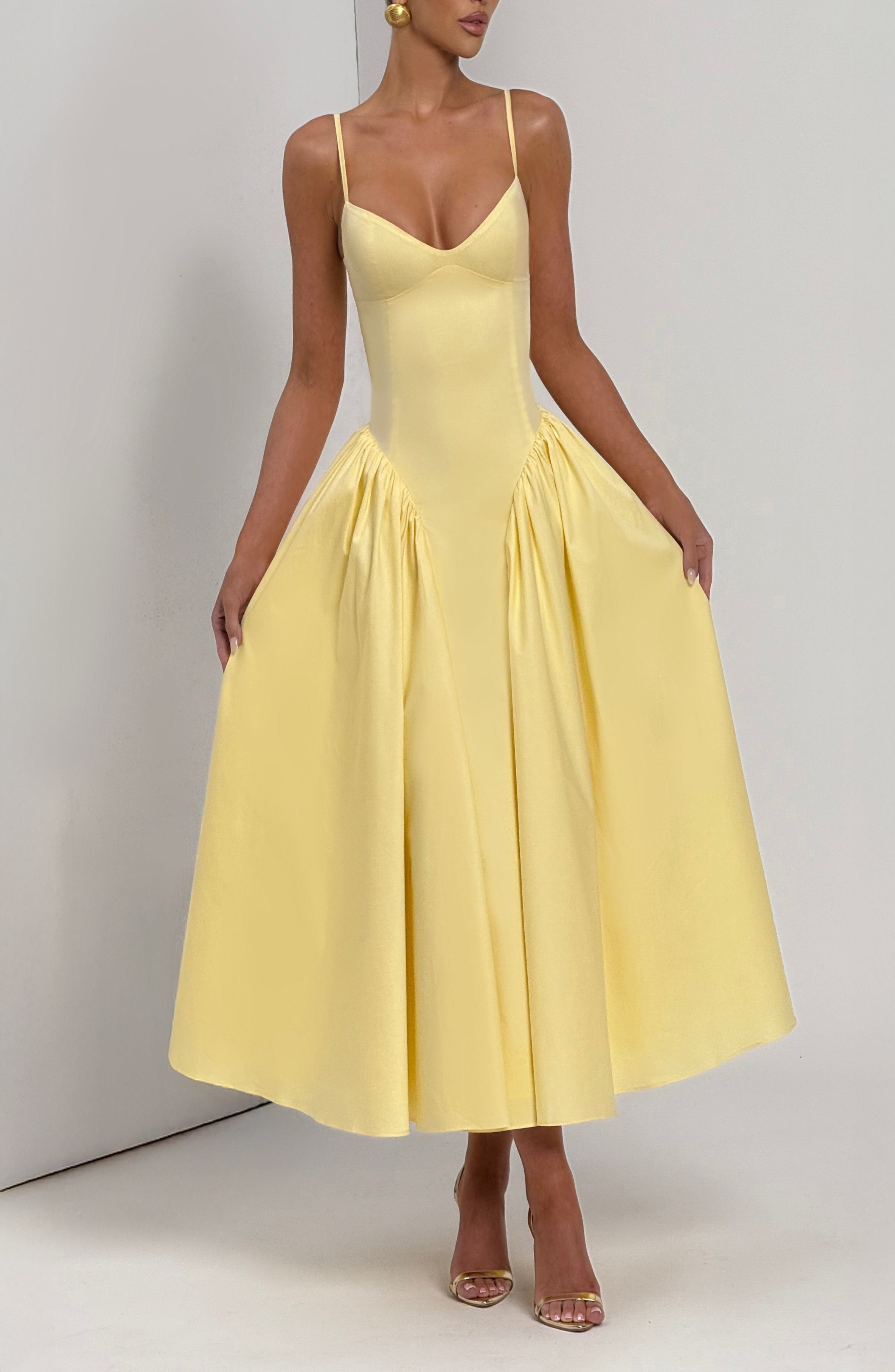 Lemon Sweetheart Lace-Up Midi Dress - Fitted Bodice, Cotton Blend - Image 5