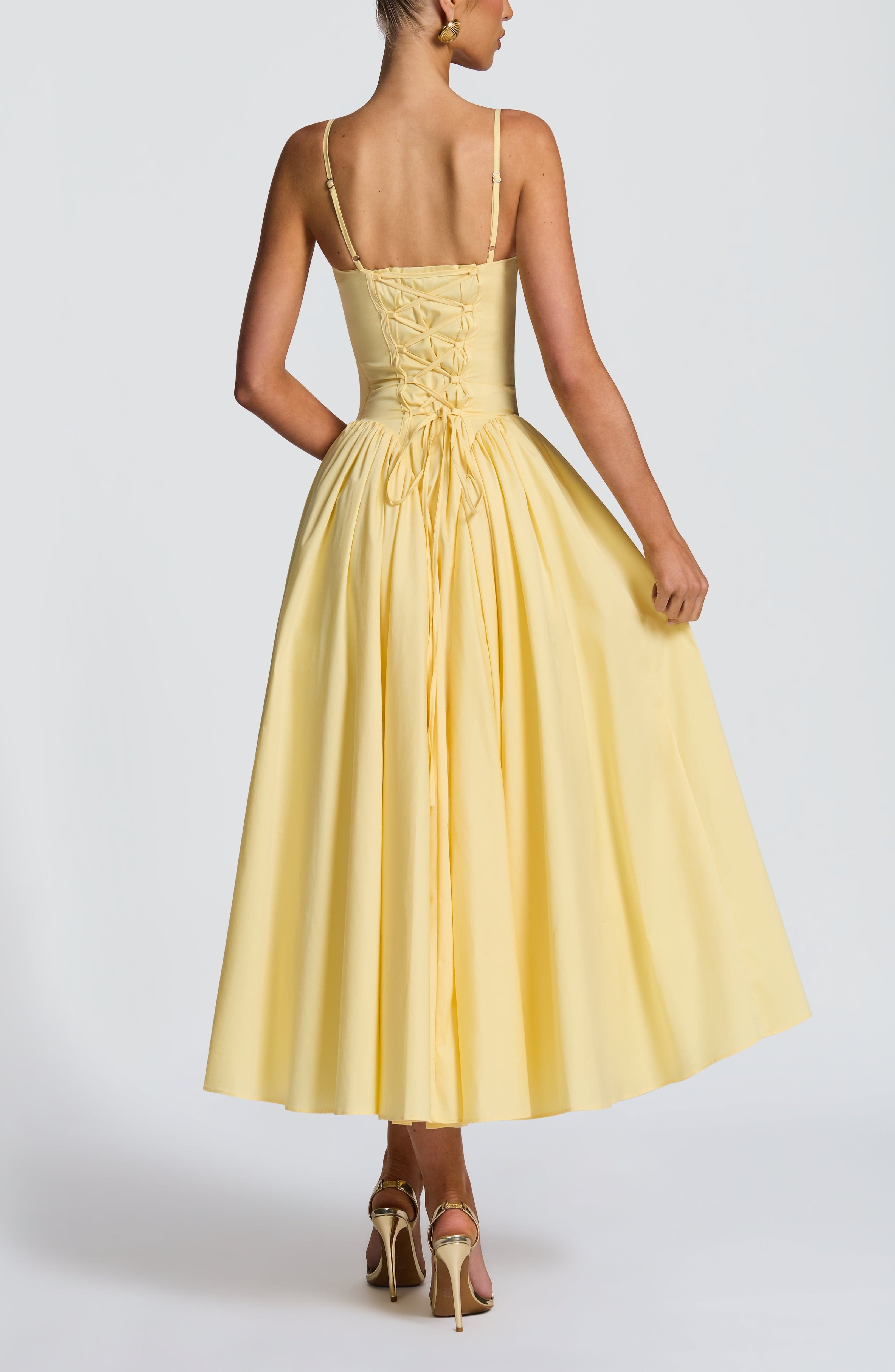 Lemon Sweetheart Lace-Up Midi Dress - Fitted Bodice, Cotton Blend - Image 2