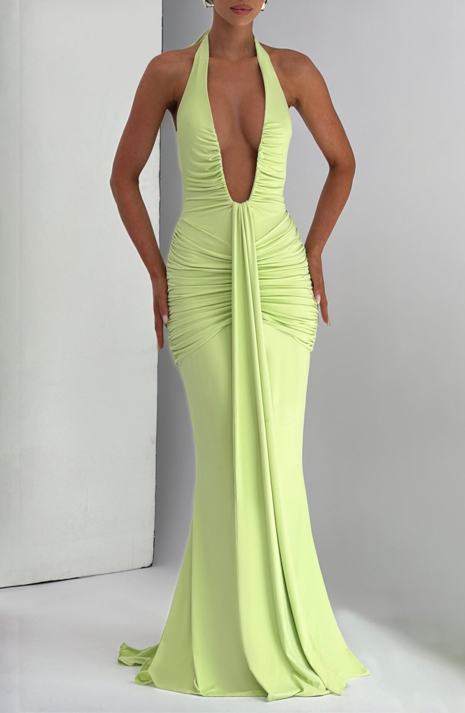 Lime Green Halterneck Plunge Maxi Dress with Train