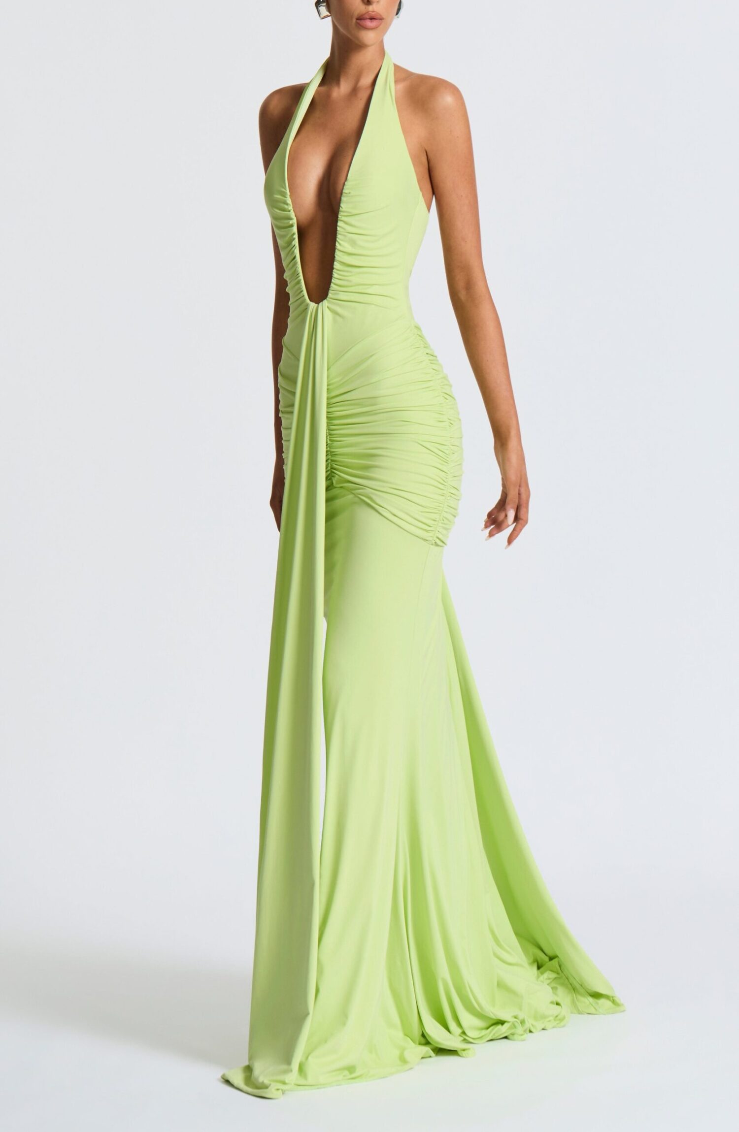 Lime Green Halterneck Plunge Maxi Dress with Train - Image 4