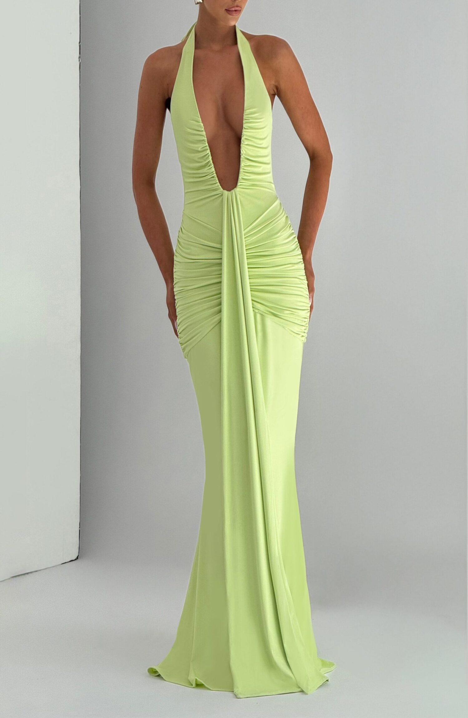 Lime Green Halterneck Plunge Maxi Dress with Train - Image 2