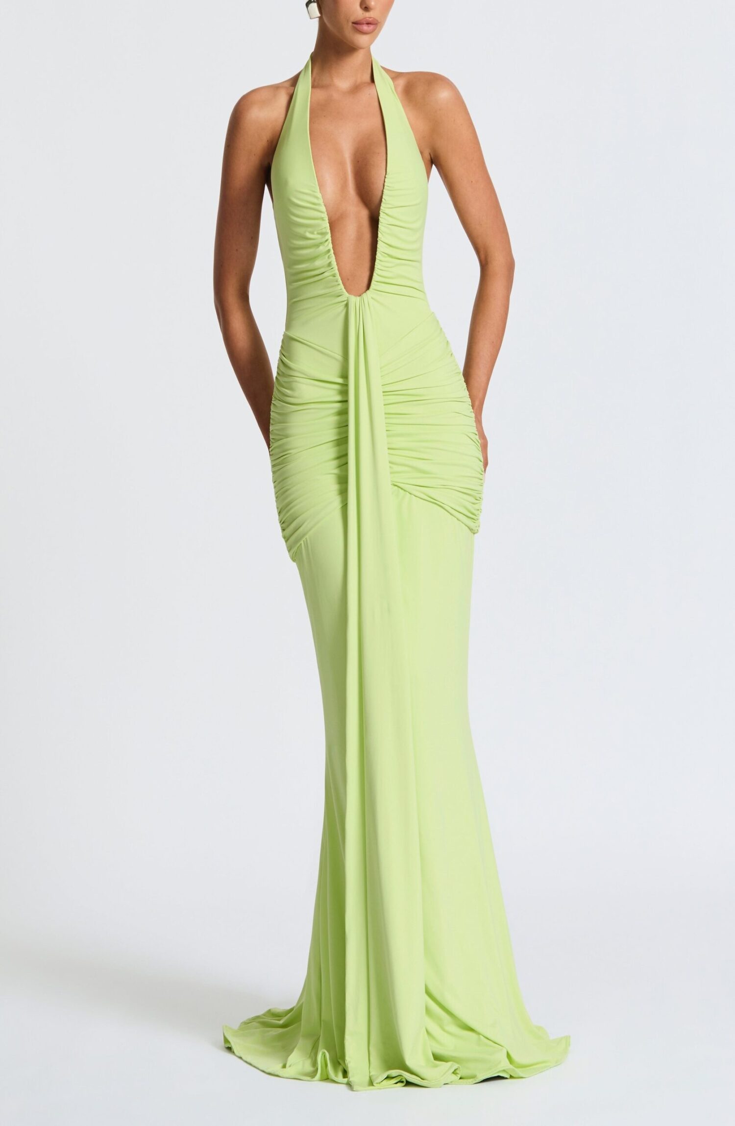 Lime Green Halterneck Plunge Maxi Dress with Train - Image 6