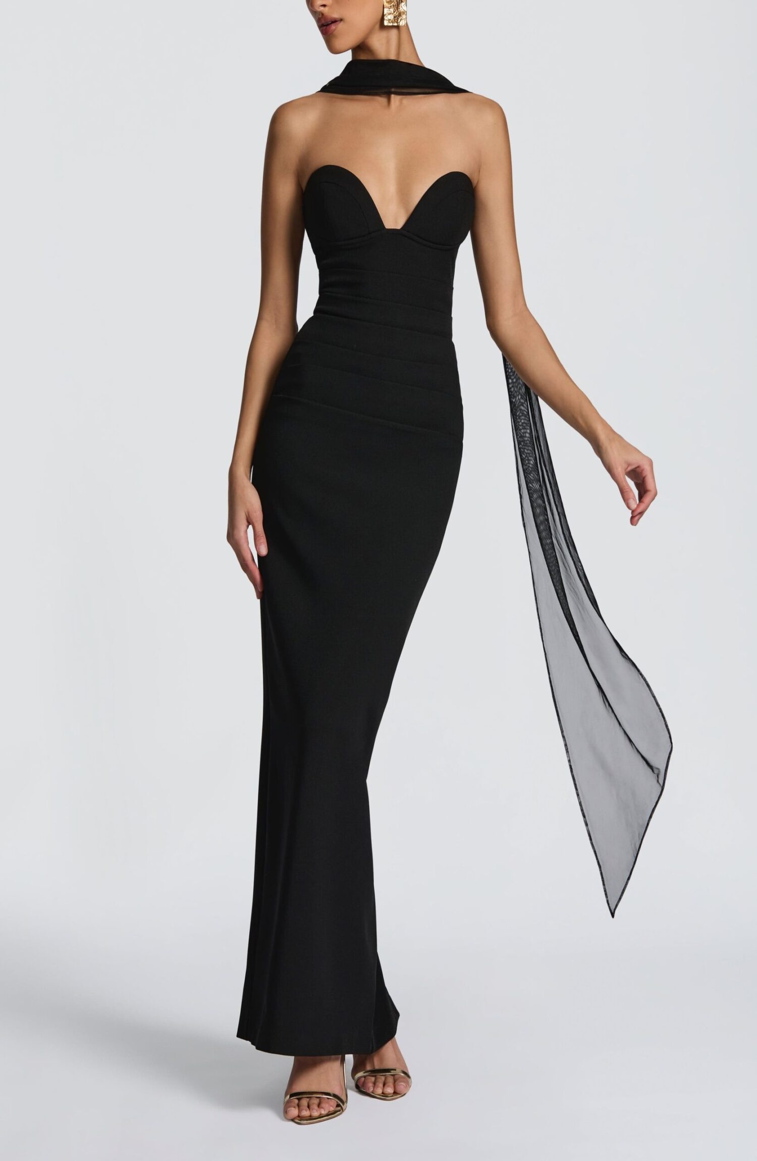 Lindsey Black Strapless Maxi Dress with Underwire & Pleated Waist