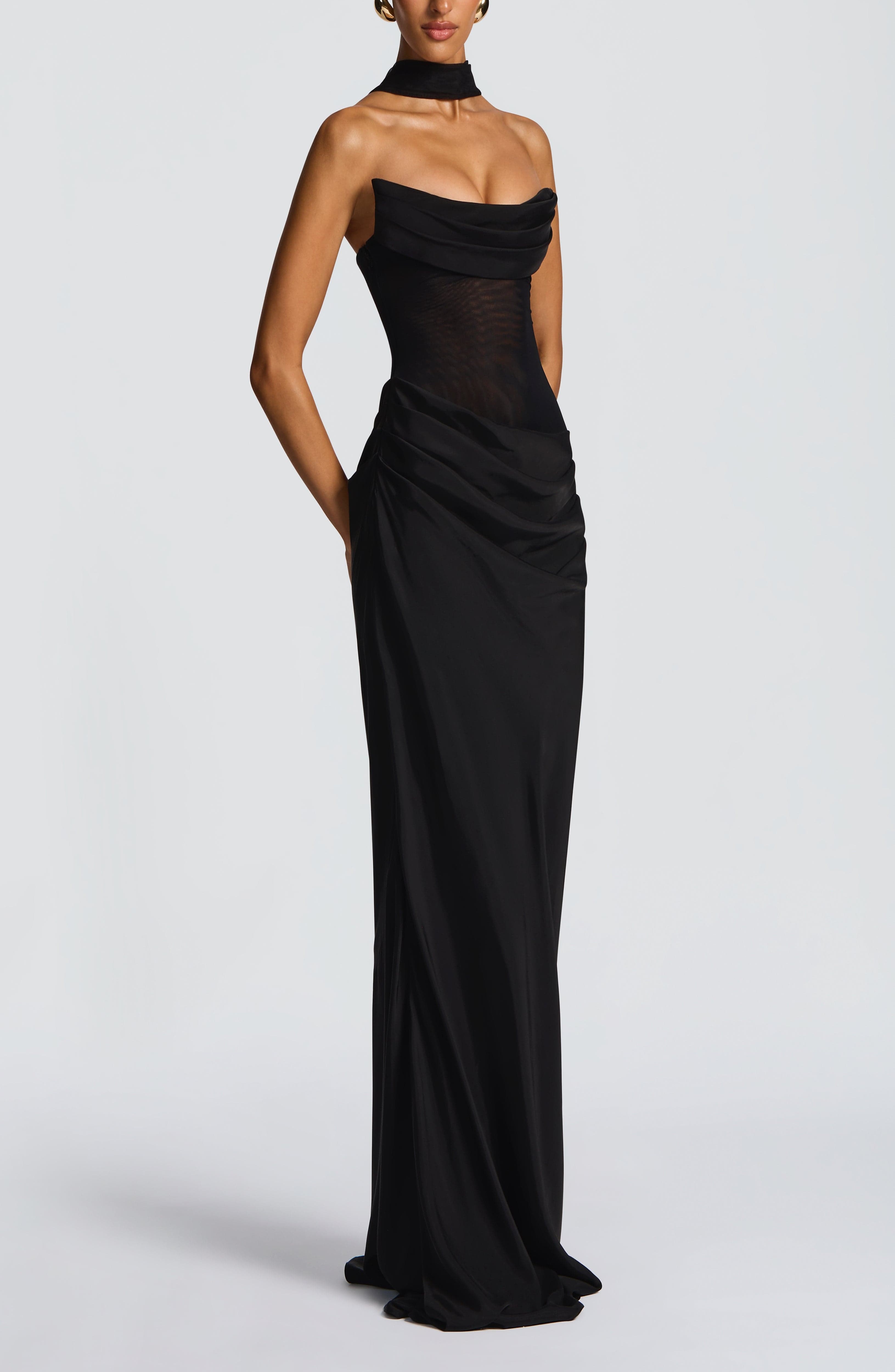 Liora Black Maxi Dress - Strapless Cowl Neck, Lace-Up Back - Image 6