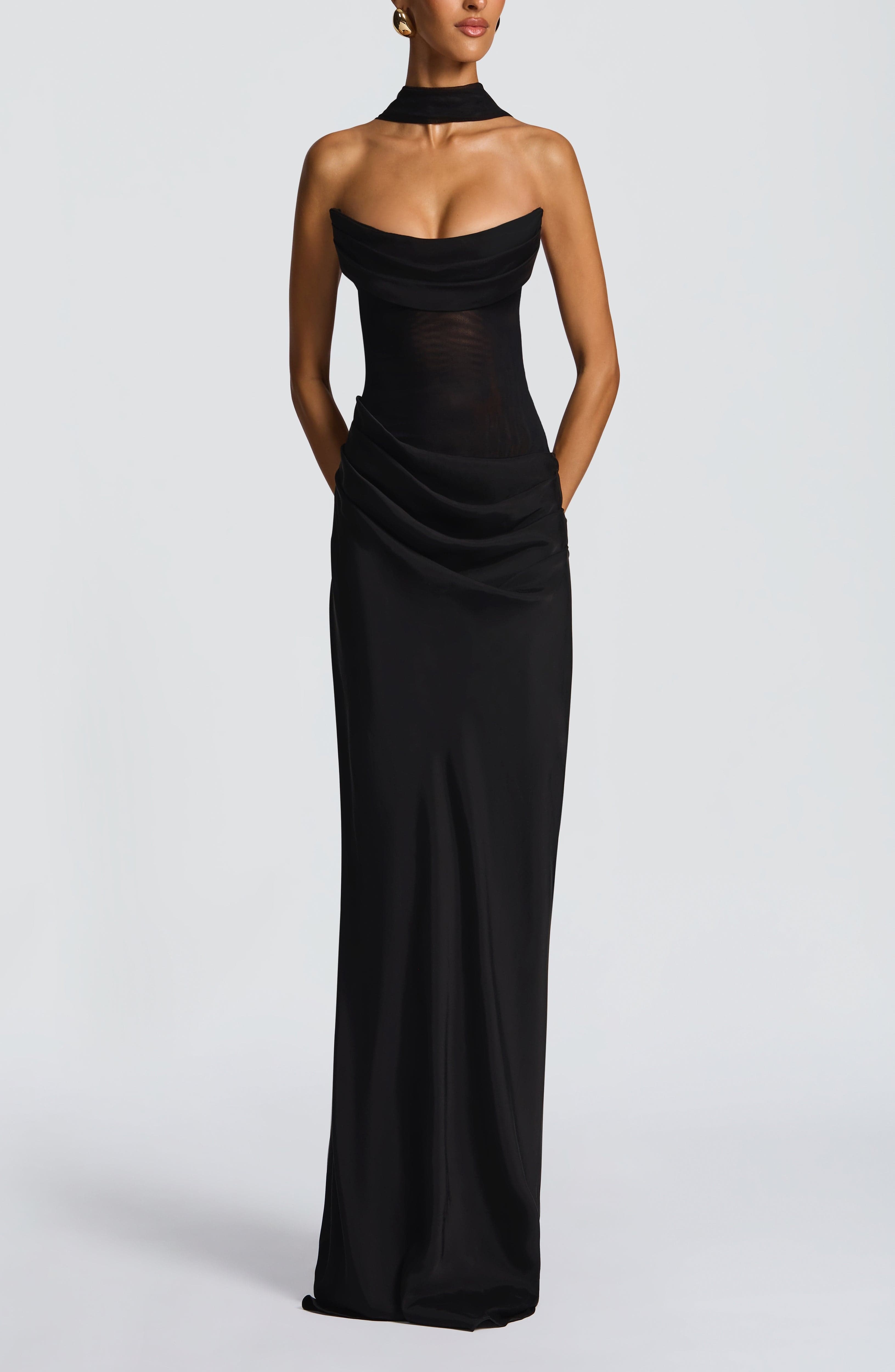 Liora Black Maxi Dress - Strapless Cowl Neck, Lace-Up Back - Image 3