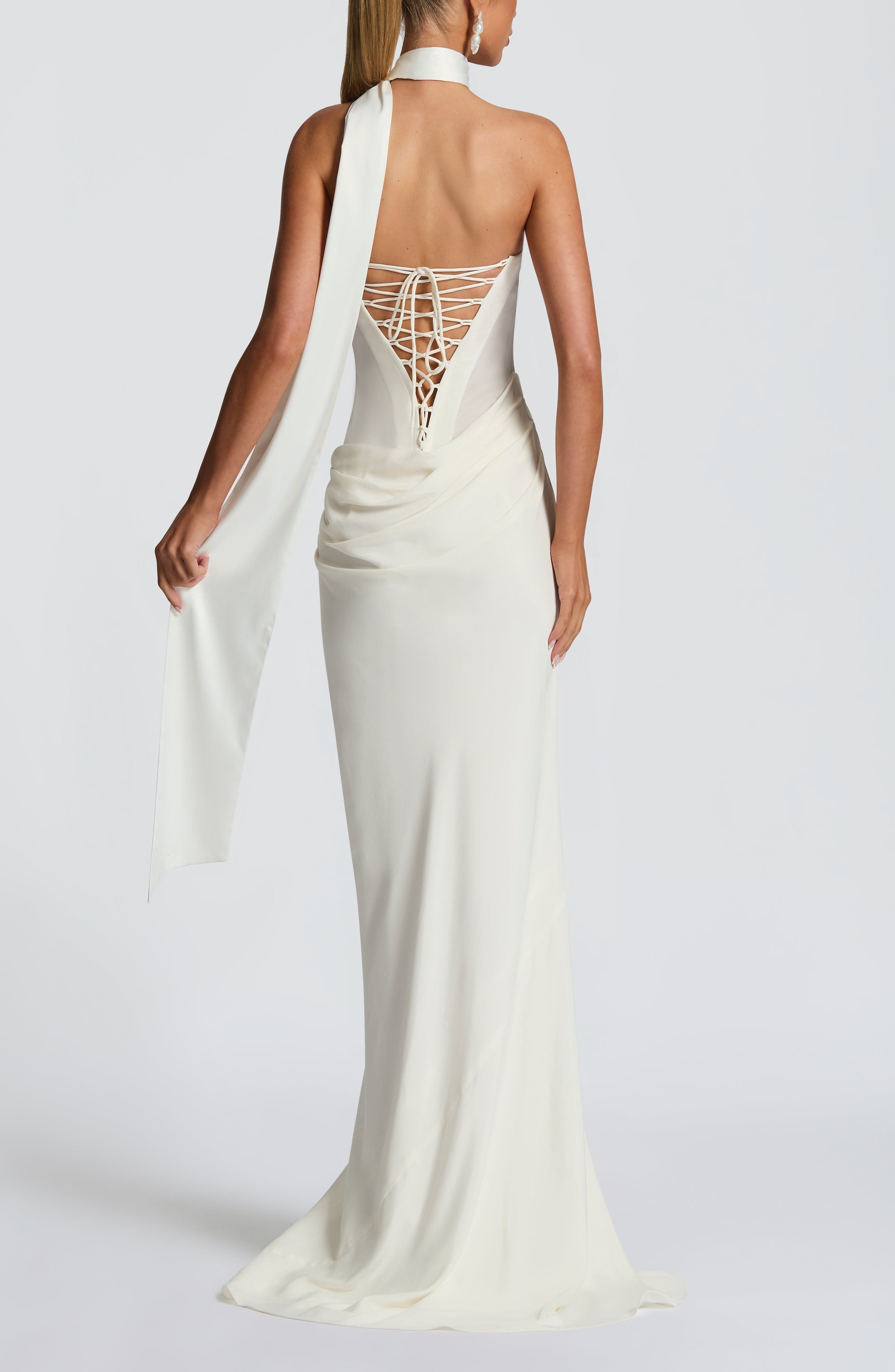 Liora Ivory Strapless Cowl Neck Maxi Dress with Lace-Up Back - Image 3