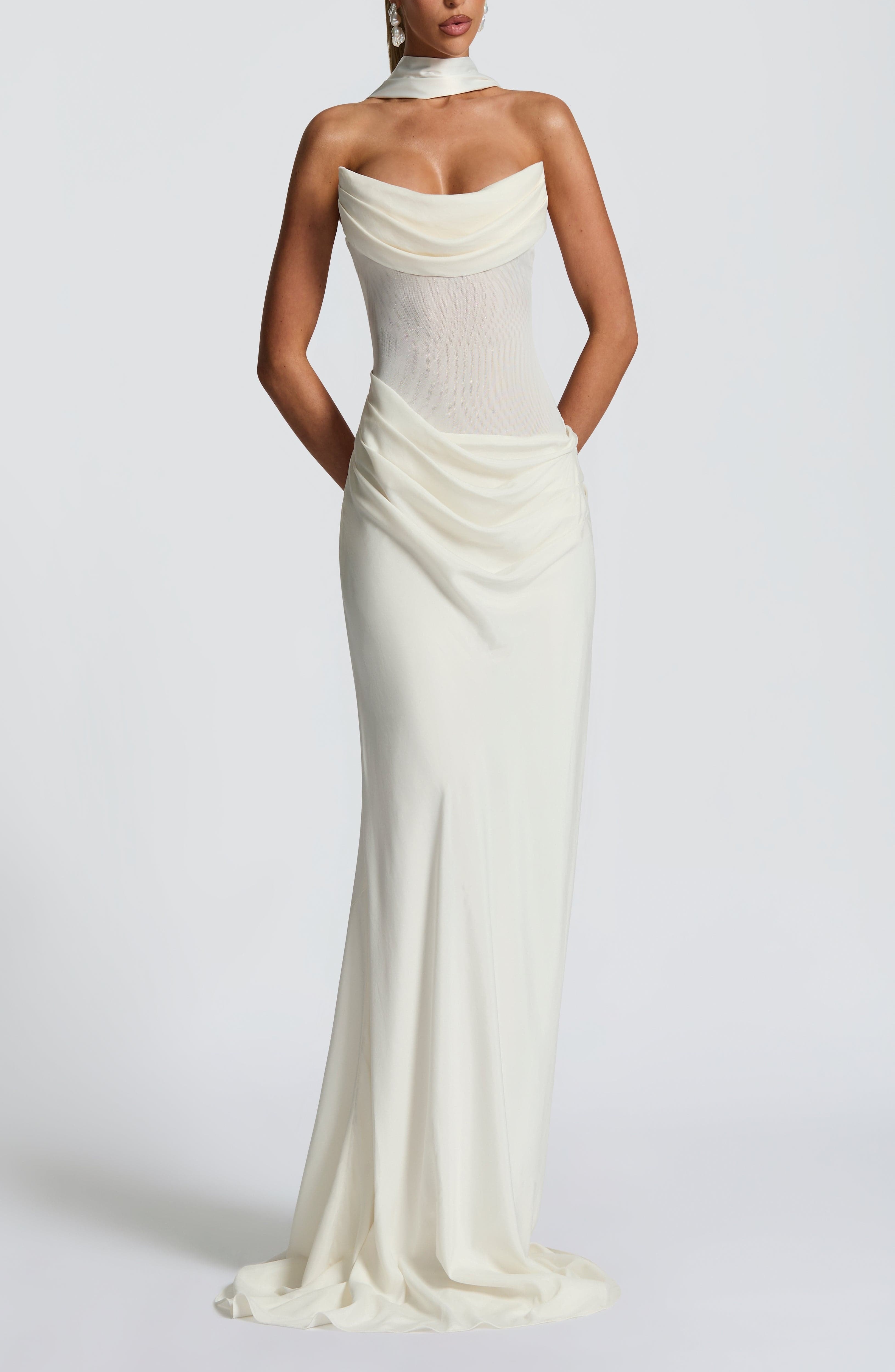 Liora Ivory Strapless Cowl Neck Maxi Dress with Lace-Up Back - Image 2
