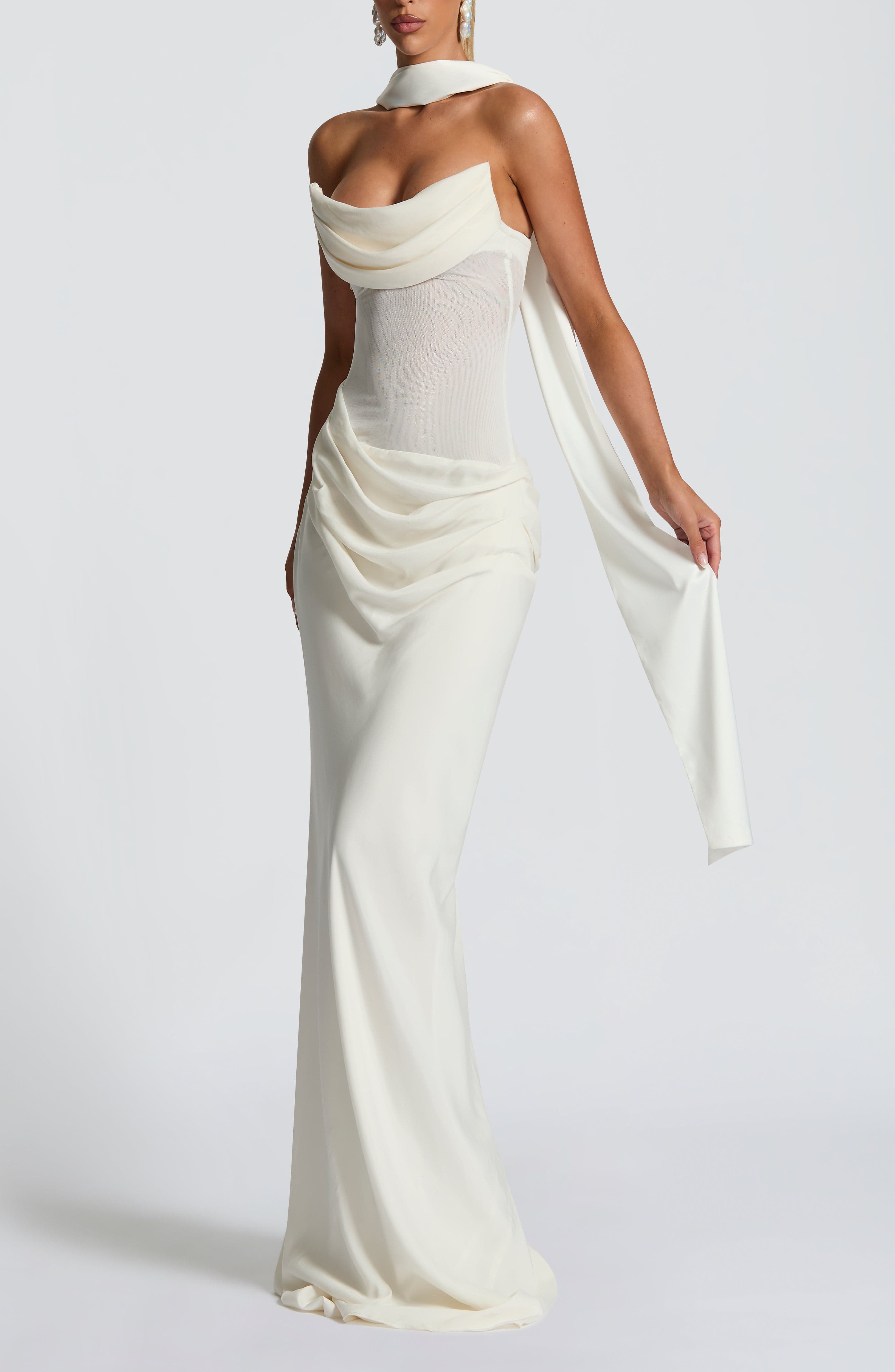 Liora Ivory Strapless Cowl Neck Maxi Dress with Lace-Up Back - Image 8