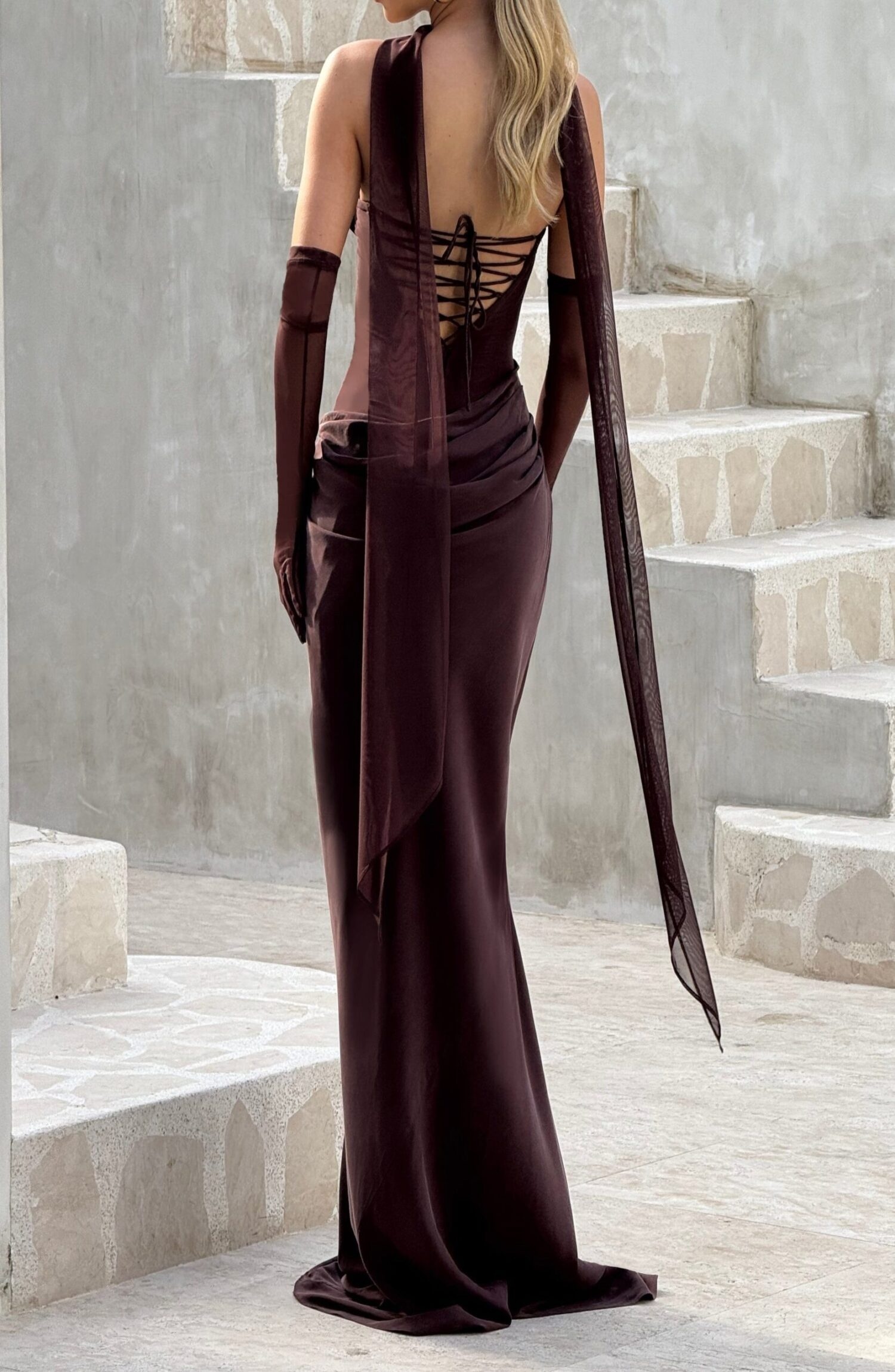 Liora Maxi Dress Plum Brown Strapless Cowl Neck Lace-Up Back Fit Flare - Image 5