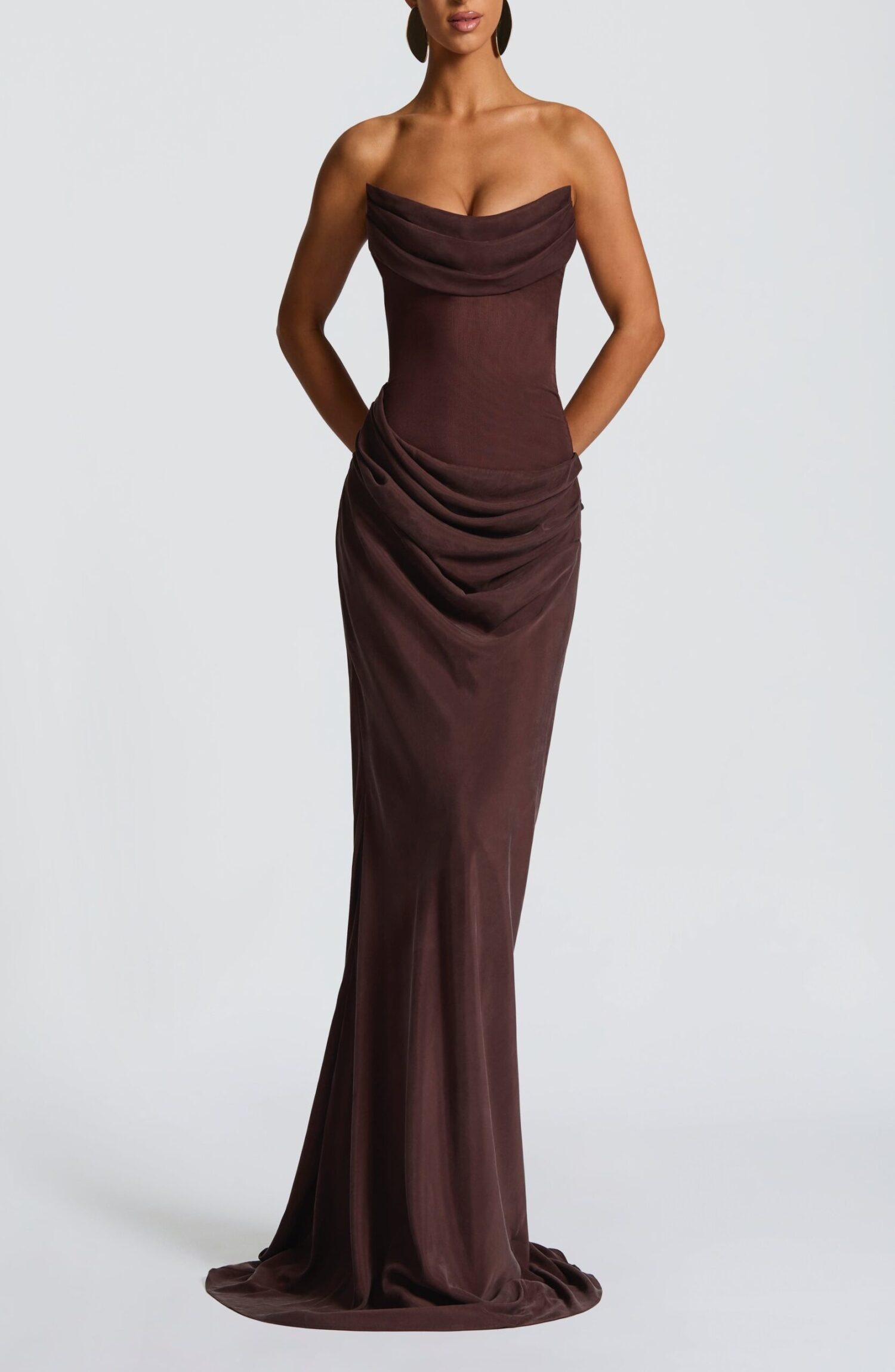 Liora Maxi Dress Plum Brown Strapless Cowl Neck Lace-Up Back Fit Flare - Image 7