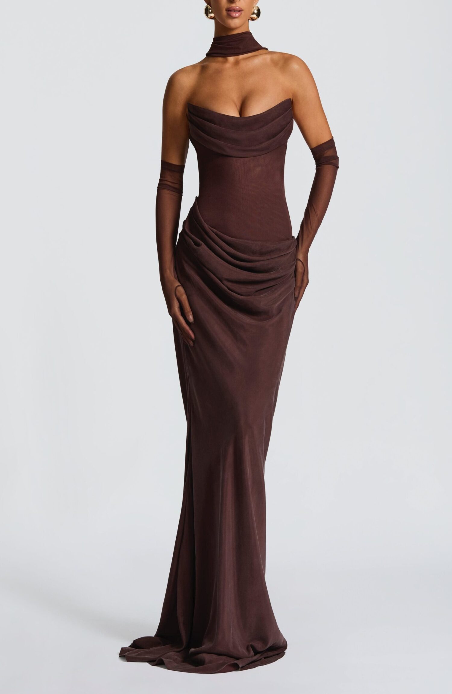 Liora Maxi Dress Plum Brown Strapless Cowl Neck Lace-Up Back Fit Flare - Image 11