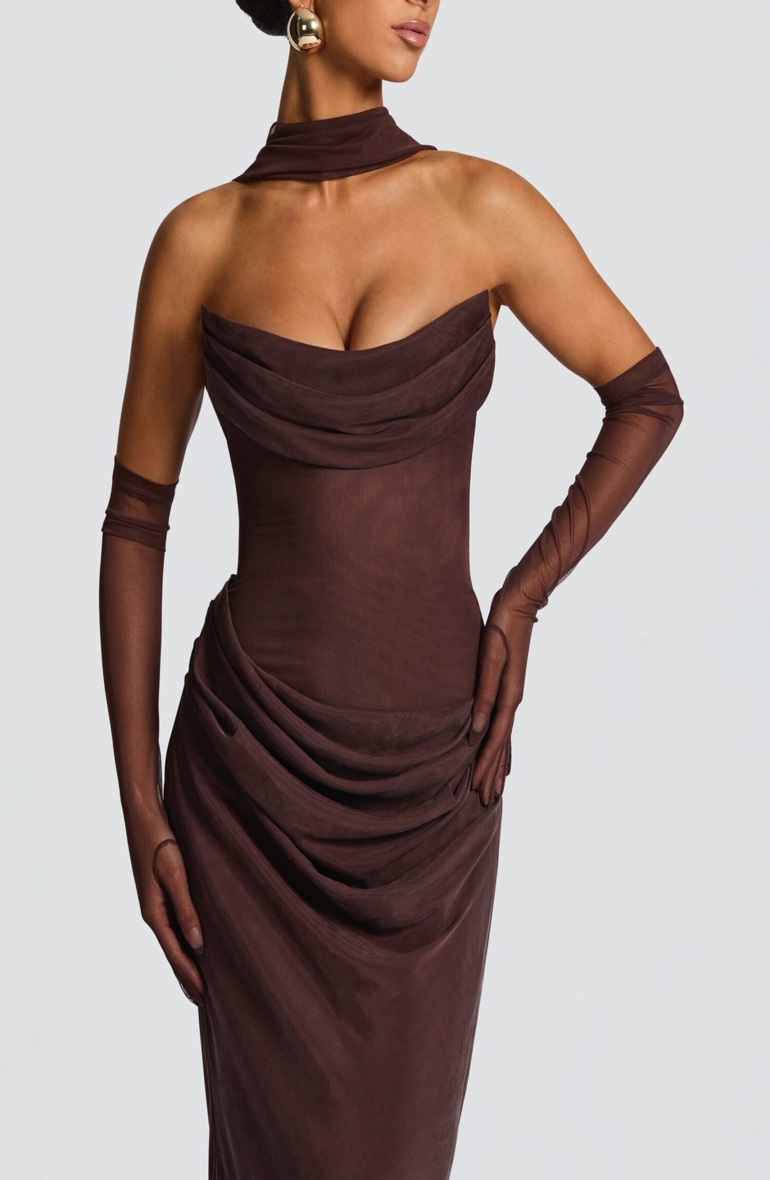Liora Maxi Dress Plum Brown Strapless Cowl Neck Lace-Up Back Fit Flare - Image 6